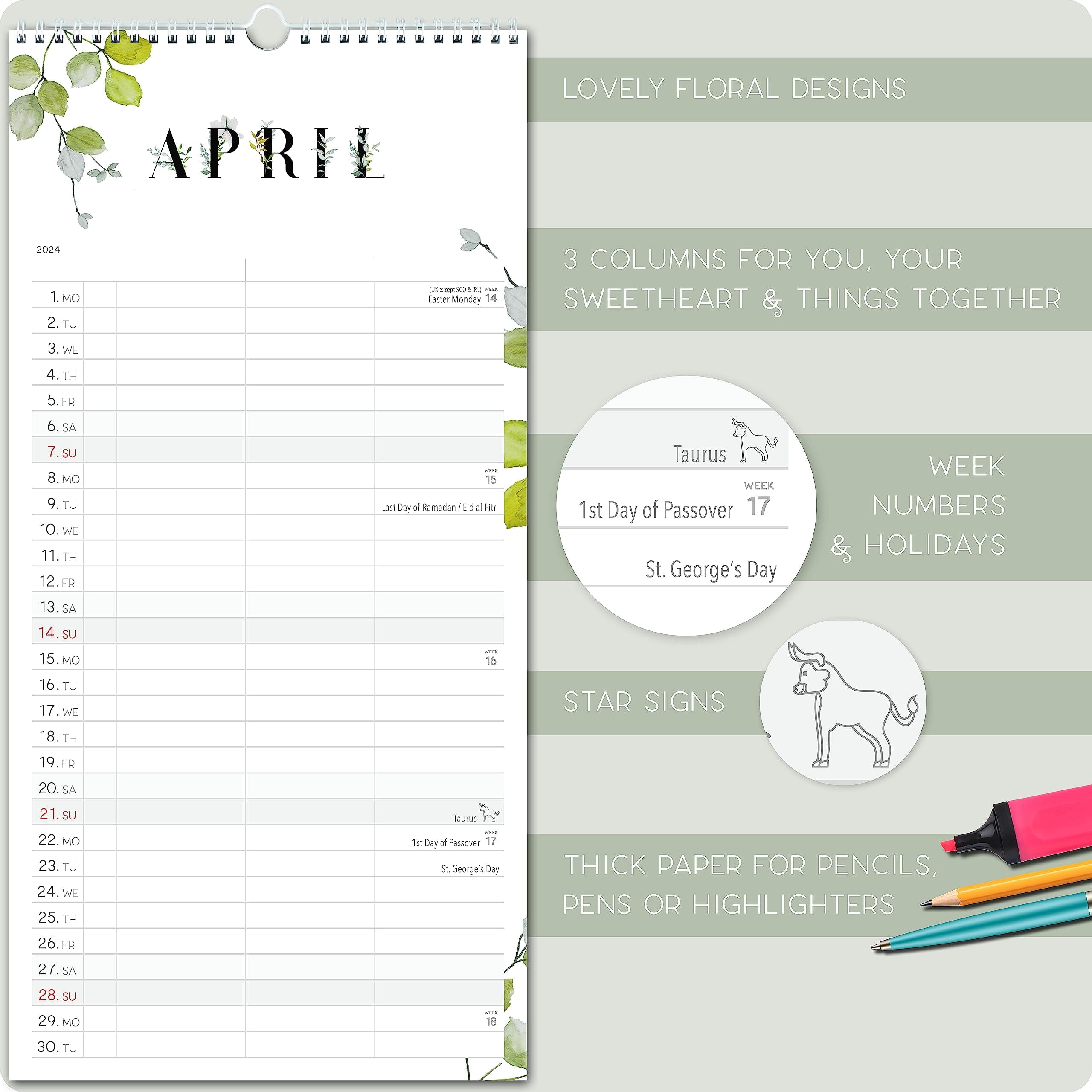 Couple planner 2025 3 columns planner for two 2025 and Oct-Dec 2024, partner calendar 16x32,5cm, calendar for couples 2025, 2 persons Boho, flowers, design (2024)