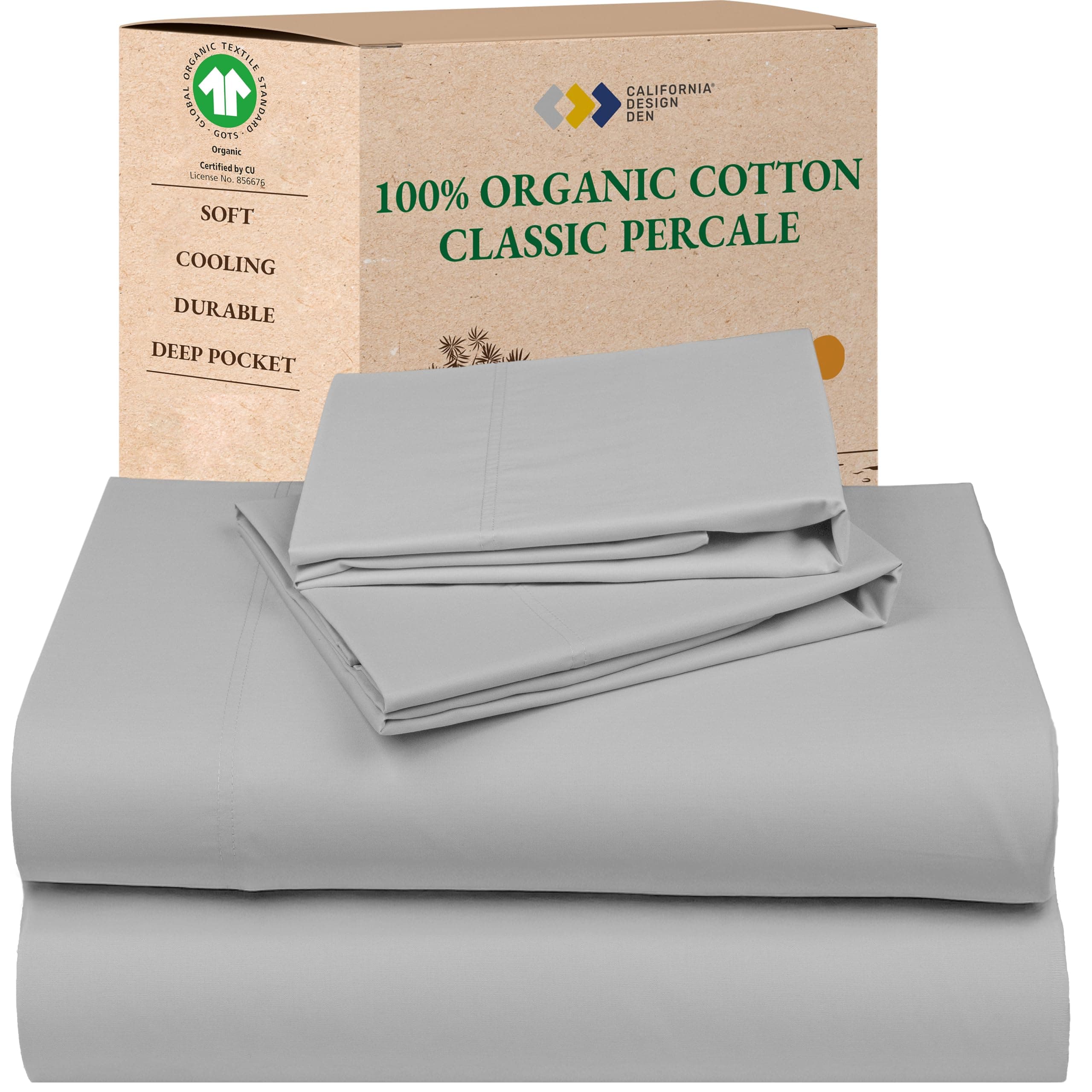 Queen Bed Sheets - Soft 100% Organic Cotton Sheets with Deep Pockets, Crisp Percale, Breathable and Durable Bedding Set - Light Grey