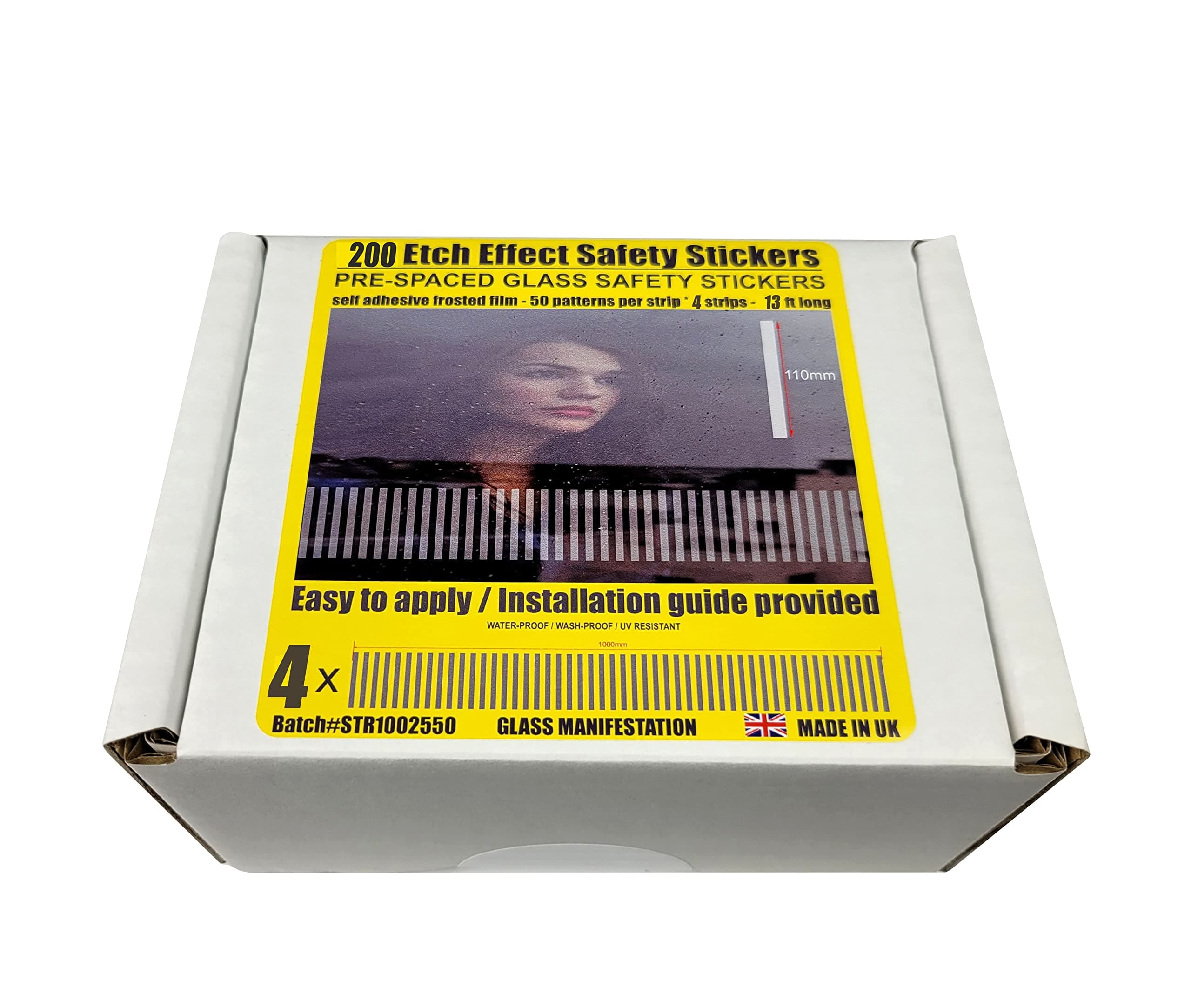 PACK OF 150 pcs (Each Pattern is 110mm x 10mm) WINDOW ETCH EFFECT SAFETY STICKERS KIT FOR GLASS MANIFESTATION (3000mm in length) PRE-SPACED …