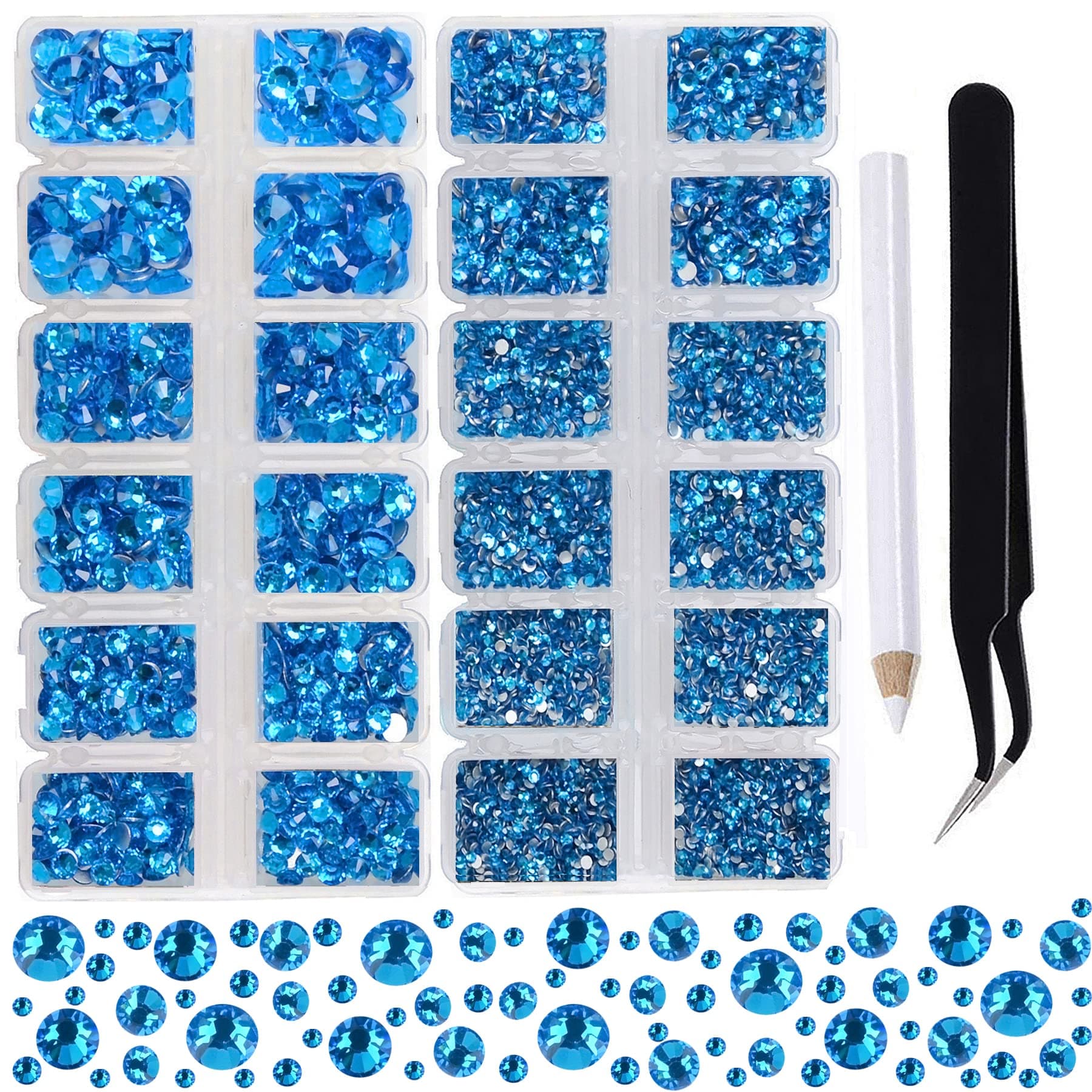 2-Box Massive Beads 8000pcs 6Sizes Nail Art Flatback Glasses Rhinestones Crystal for DIY Project with Tweezers and Picking Pen for Nail Art, Face Art, Manicure (Capri Blue, 6 Sizes)