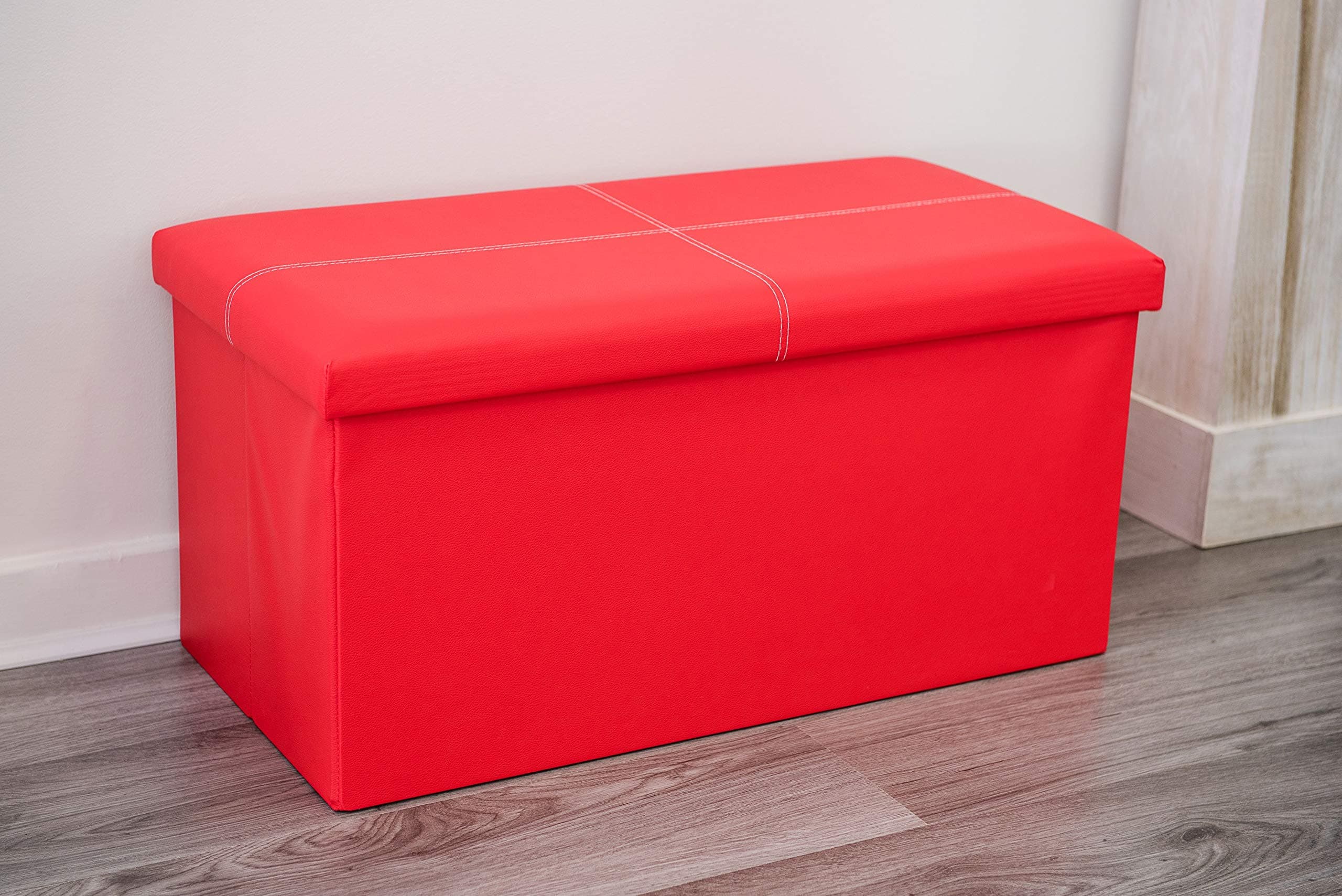 Ottoman Bed Storage Box Foot Stool Seat Decorative Folding Pouffe (Red)