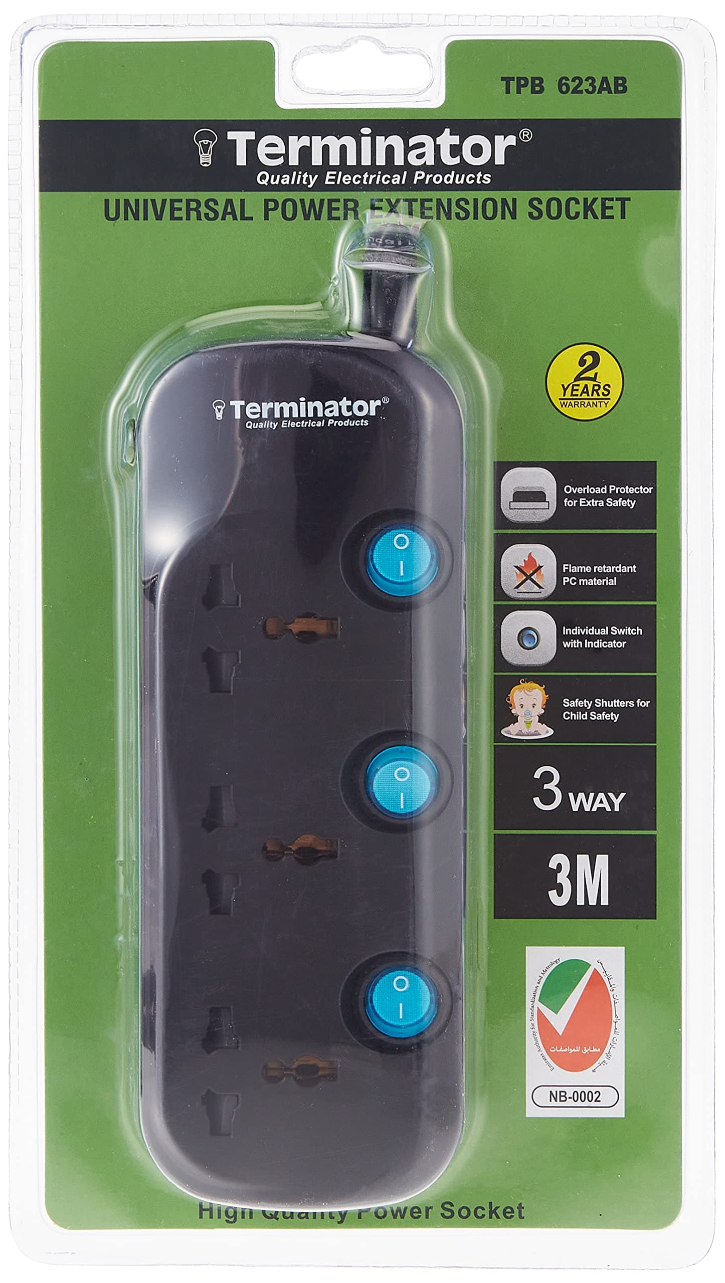 Terminator3 Way Universal Power Extension Socket 3X1.25MM2 Black Body & Blue Switch 3M Cable 13A Plug Model TPB 623AB