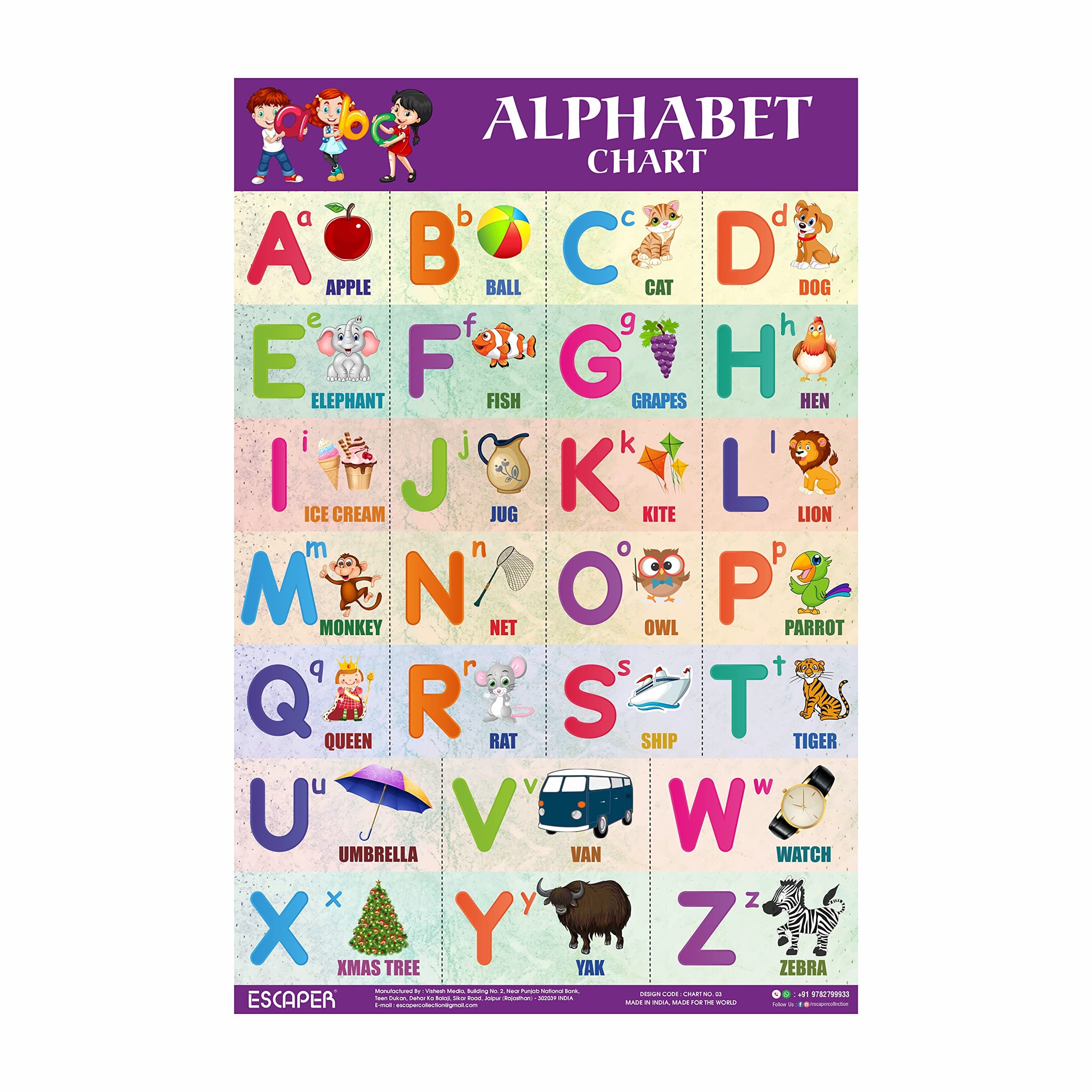 ESCAPER Alphabet Chart for Kids learning big size (11.5 x 17.5 inches) | Alphabets charts for 2 year old baby | Alphabets charts for babies | Preschool charts for kids
