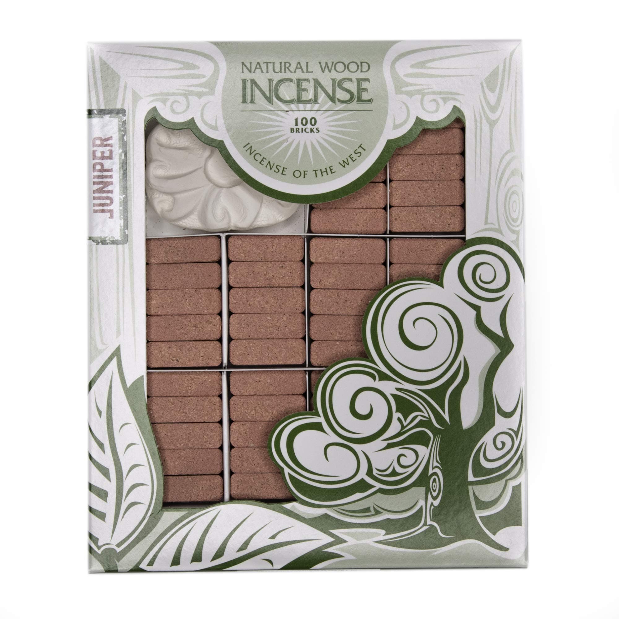 Juniper Natural Wood Incense Bricks with Holder, 100 Count - Made in The USA