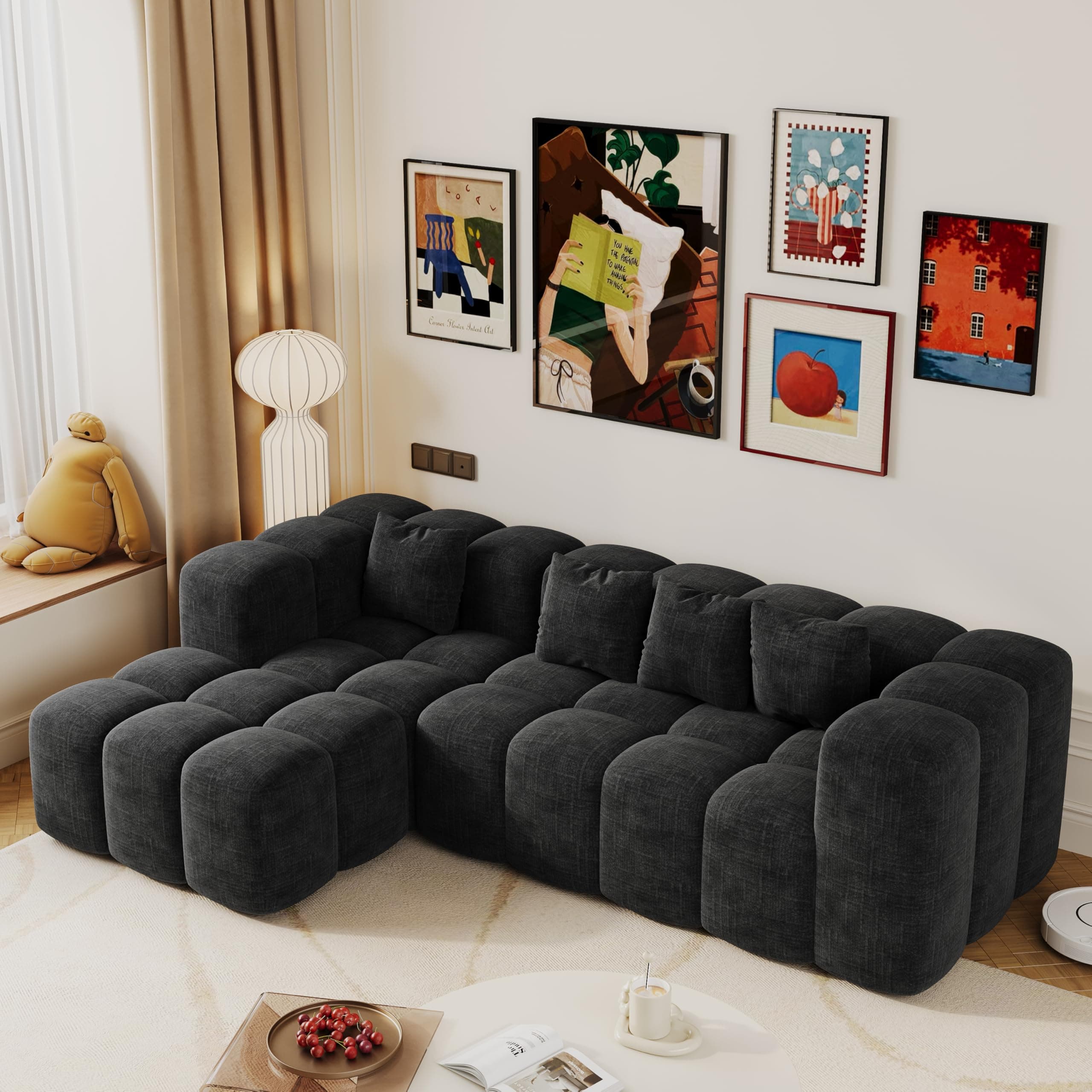 99.2" Cloud Sectional Couch Sofa for Living Room, Modern Modular Sofa with Deep Seat, Upholstered Boneless Couches with L-Shape Chaise, No Assembly Required, Black (Corduroy Fabric)