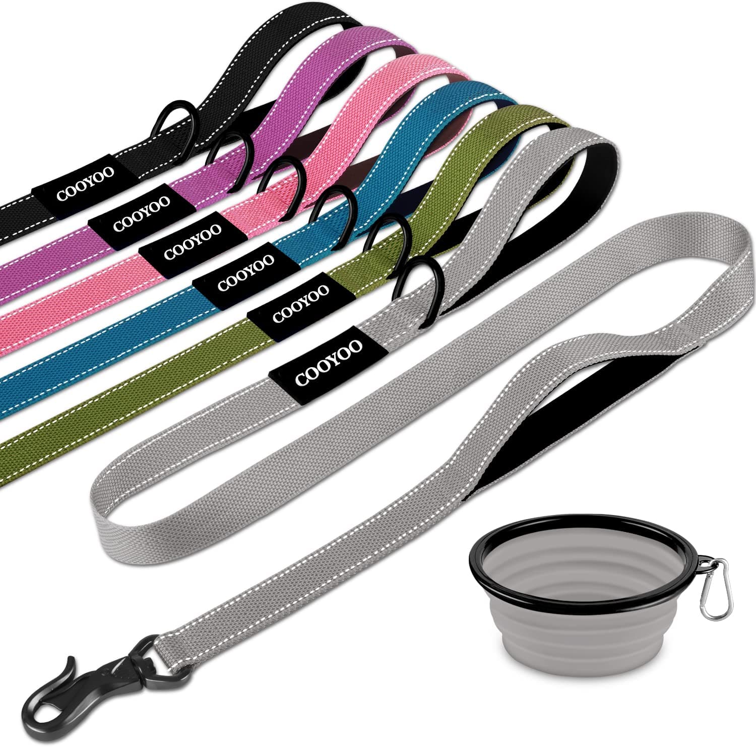 COOYOO Dog Leash 5 FT with 2 Comfortable Padded Handle - Traffic Handle & Advanced Easy Snap Hook-Reflective Dog Leash for Medium Large Dogs with Collapsible Pet Bowl