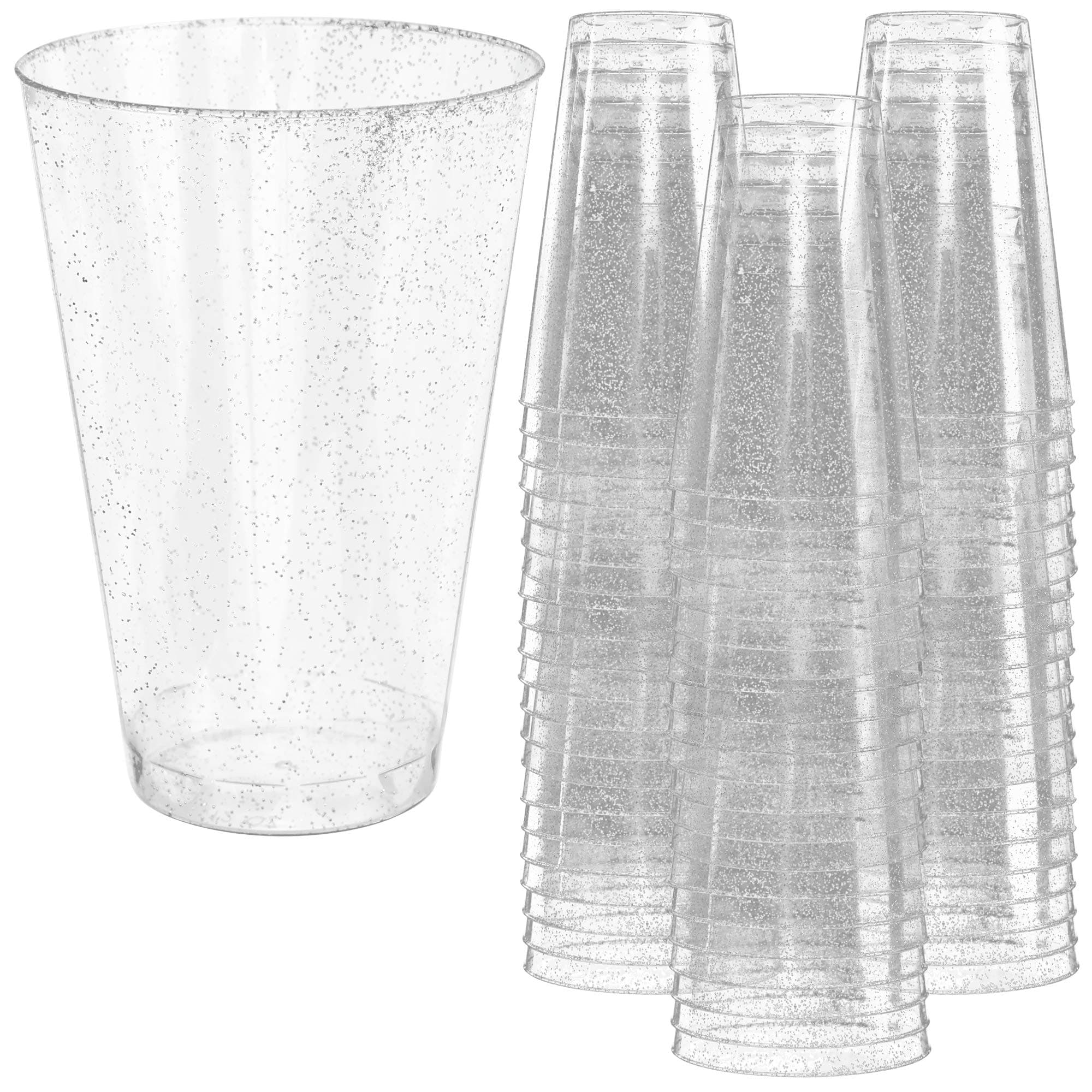 Glitter Disposable Cups | 14 oz. 50 Pack | Clear Plastic Cups | Silver Glitter Plastic Party Cups | Disposable Plastic Wine Glasses for Parties | Plastic Cocktail Glasses | Wedding Holiday Tumblers