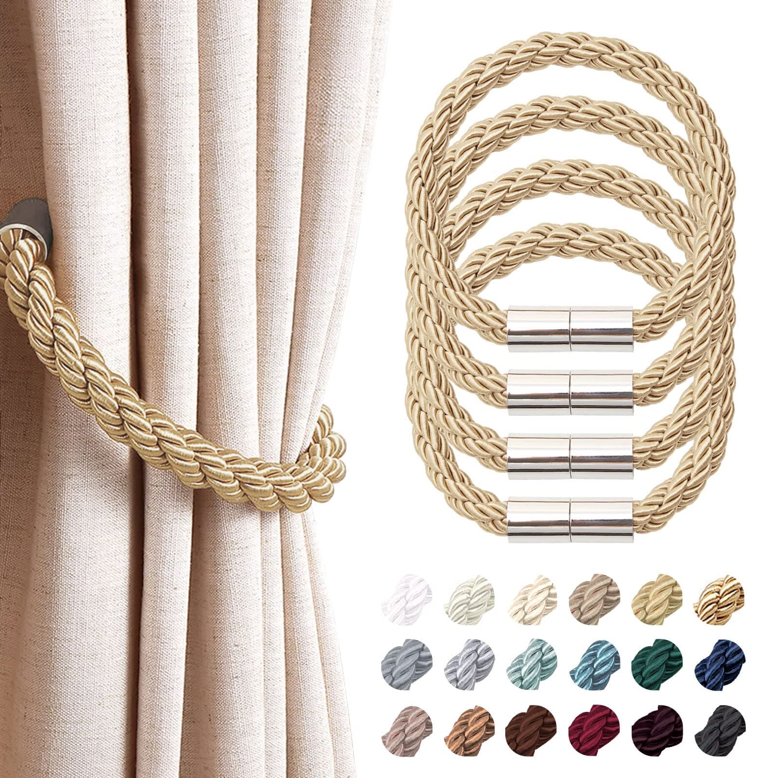 NICEEC 4 Pack Strong Magnetic Curtain Tiebacks Modern Simple Style Drape Tie Backs Convenient Decorative Weave Rope Curtain Holdbacks for Thin or Thick Home & Office Window Draperies (Bronze)