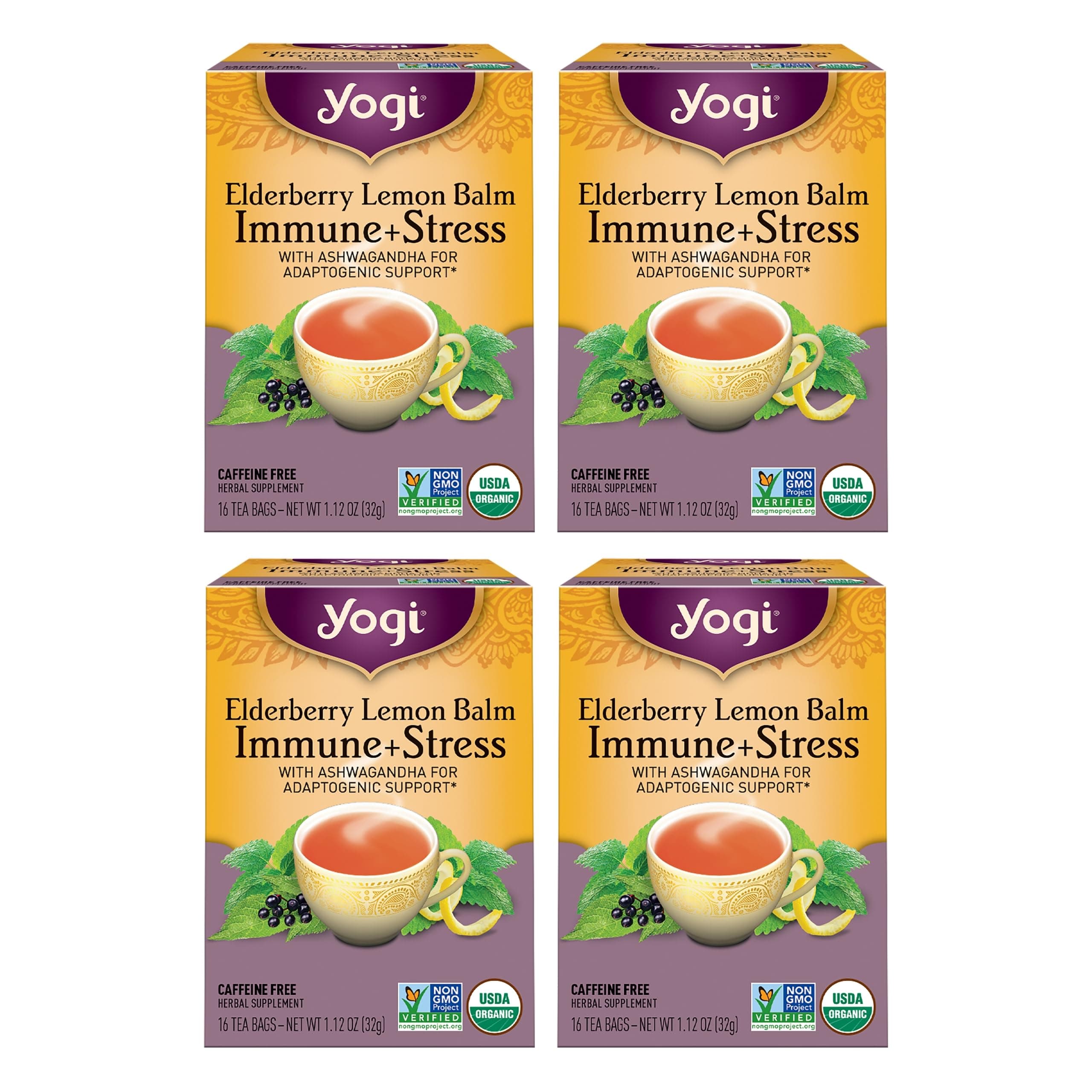 Tea Elderberry Lemon Stress & Immune Support Tea - 16 Tea Bags, 4 Packs - With Ashwagandha, Lemongrass, Licorice Root & More