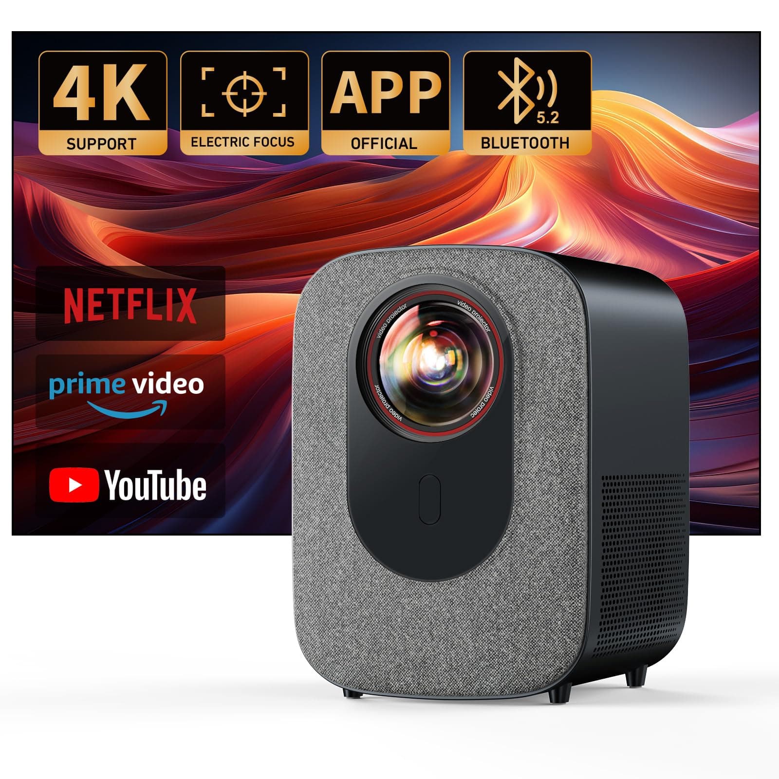 [Built-in APPS] 4K Projector with Wifi & Bluetooth, Jimveo 800 ANSI Native 1080P, Compatible with Netflix/YouTube/Prime Video, Electric Focus & 4P Keystone Outdoor Portable Smart Projector