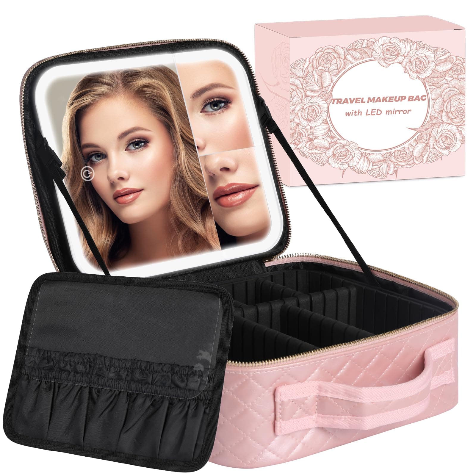 Makeup Bag with LED Lighted Mirror| Portable Makeup Organizer Train Case with 2X/3X Magnification & 3 Color Lights for Precision, Adjustable Brightness| Elegant Gift Packaging, Pink