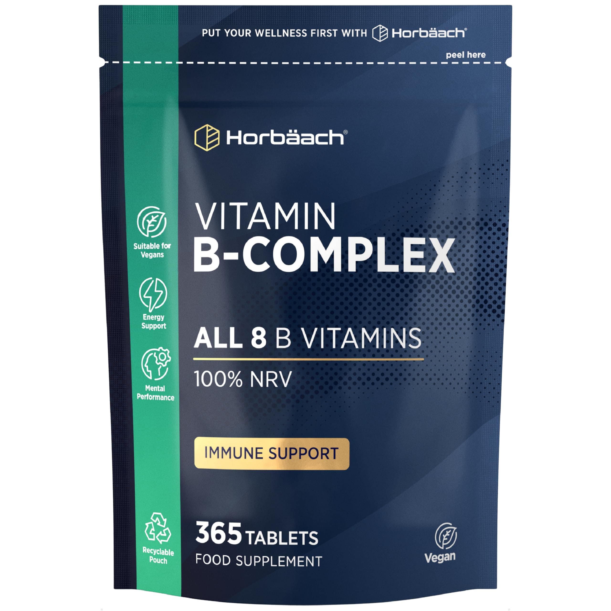 Vitamin B Complex High Strength | 365 Tablets (1 Year Supply) | All 8 B Vitamins | Vitamin B1, B2, B3, B5, B6, B12, Choline, Folic Acid & Biotin | Vegan | By Horbaach