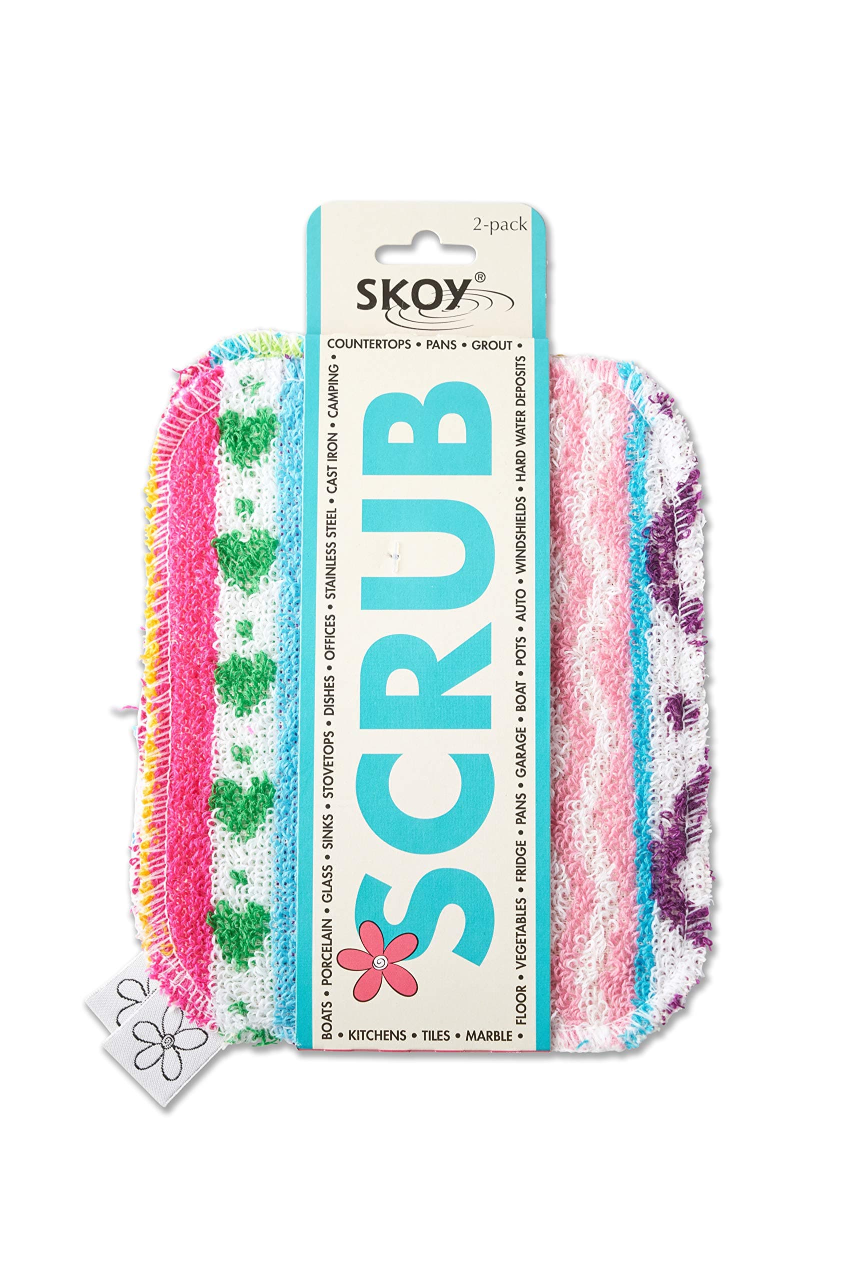 Skoy Scrub, 2-pack Reusable, Non-Scratching Dish Scrubber for Kitchen and Household Cleaning, Planet-Friendly, Dishwasher Safe Soft Scrub, Assorted Colors and Designs