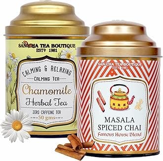 Sancha Tea Boutique, Tea Combo Pack: Chamomile Herbal (50g), Caffeine Free Herbal Tisane & Masala Chai (100g), Loose Leaves, Real Masala Tea