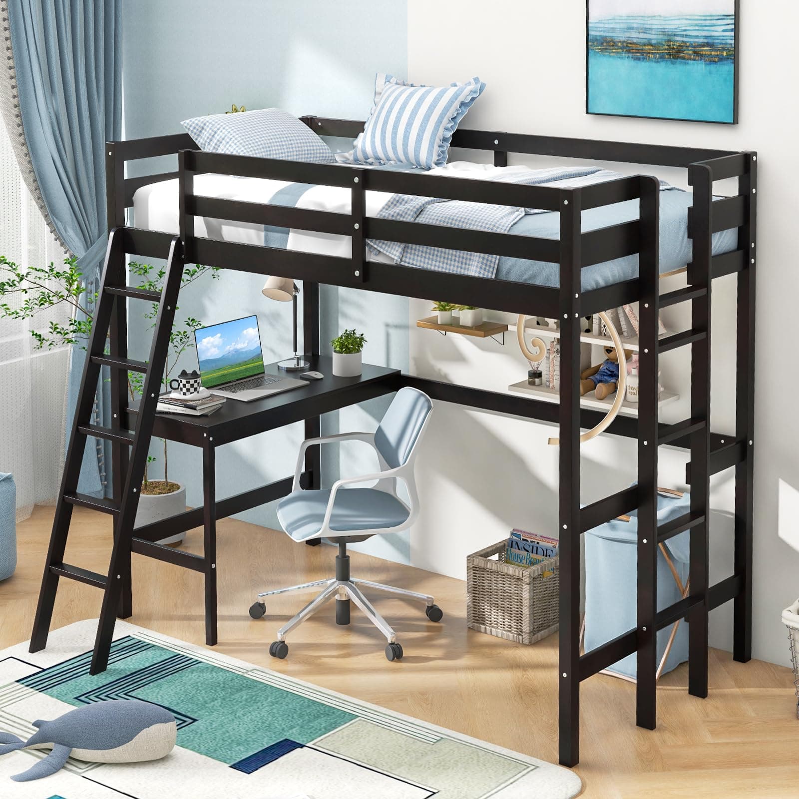 Twin Size Loft Bed with Desk, Solid Wood Loft Bed with 2 Ladders & Full Length Guardrail, Modern Space-Saving Twin Bed Frame for Kids Teens Adults, No Box Spring Needed (Black)