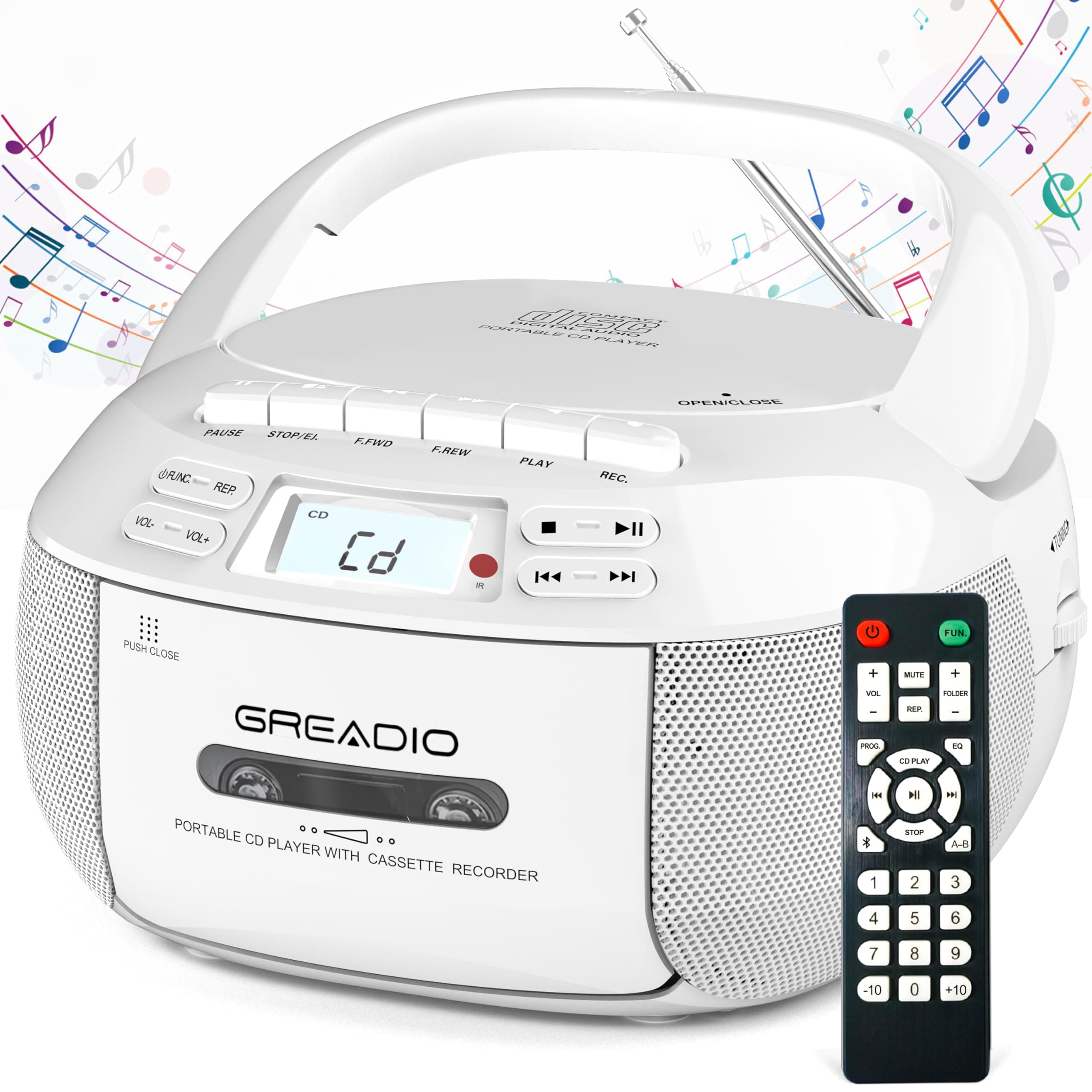 Greadio CD Player Boombox Cassette Player Combo with Bluetooth,AM/FM Radio,Stereo Sound with Remote Control,AUX/USB Drive,Tape Recording,AC/DC Powered,Headphone Jack,LCD Display for Home,Kids,Gift