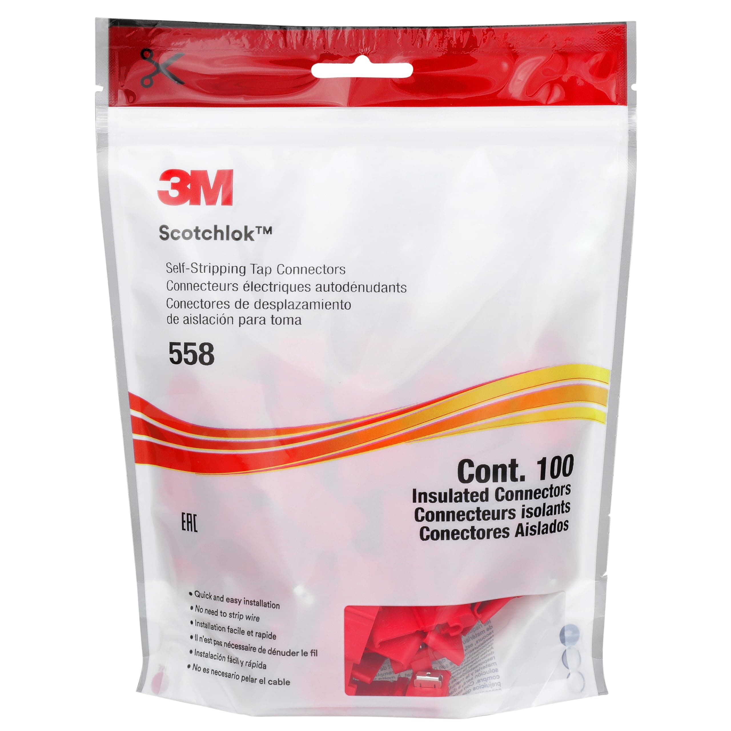3M Scotchlok Self-Stripping Electrical IDC (Insulation Displacement Connector) 558-Pouch, Run and Tap, Flame Retardant, Red, 22-16 AWG, Pack of 100
