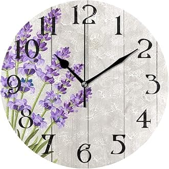 ALAZA Purple Clock Lavender Kitchen Clock Purple Flower Clock Sage Wooden Blue Wall Clock 9.5 Inch Battery Operated Non Ticking Silent Clocks Lavender Bathroom Wall Art Decorative