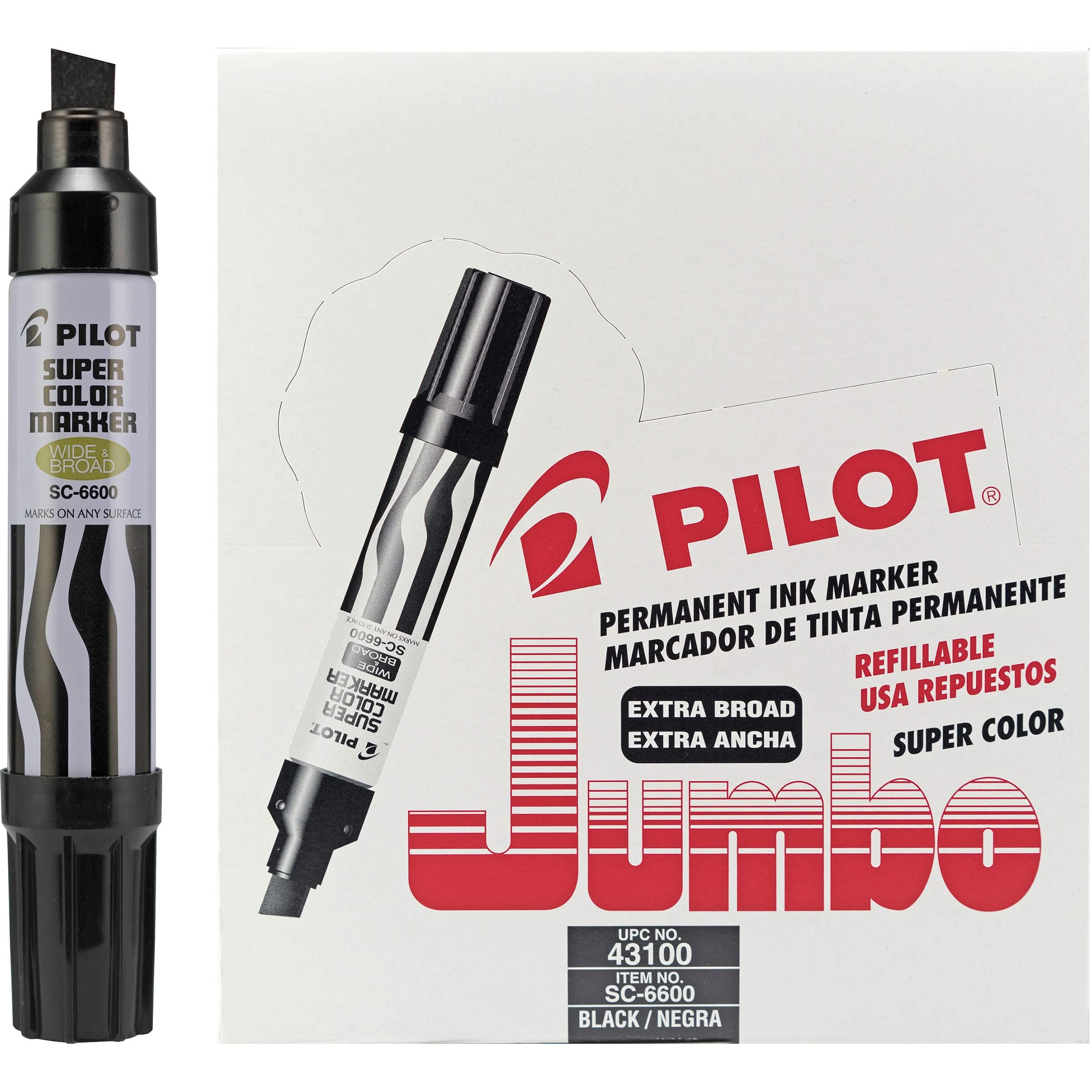 Pilot Super Color Jumbo Refillable Permanent Markers, Black Ink, Extra-Wide Chisel Point, 12-Pack (43100)