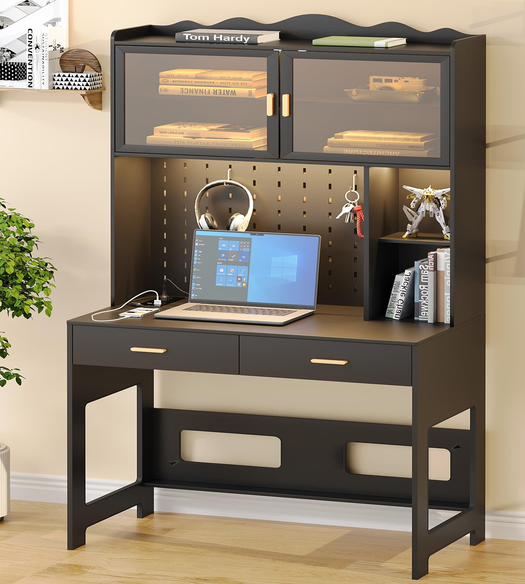 Small Office Desk with Hutch & USB/Type-C/AC Outlet Charge Station, Auto-Sensor 3 Colors LED Light Desk for Bedroom, Small Computer Desk with Drawers for Small Spaces, Black