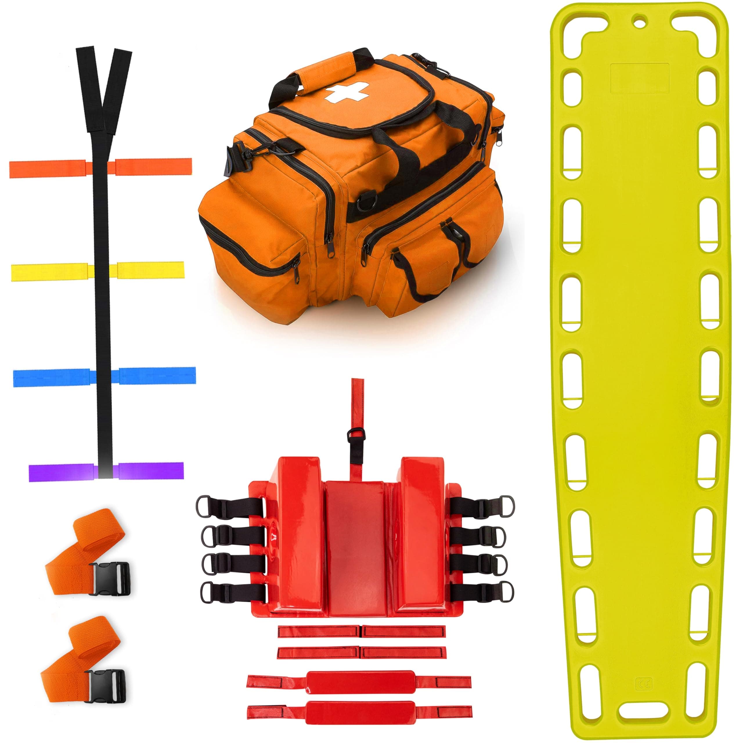 Rescue Kit Comprehensive Emergency Support with Spine Board, Head Immobilizer, Trauma Bag & 10-Point Strap - Durable, Lightweight for First Responders, Yellow