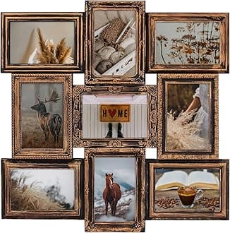 J.M.Deco Picture Frame Sets for Wall, 9 Opening Collage Frame, 6 x 4 With Family Friend's Memory, Rustic Distressed Photo Frame Wall Hanging for 4x6, Gold