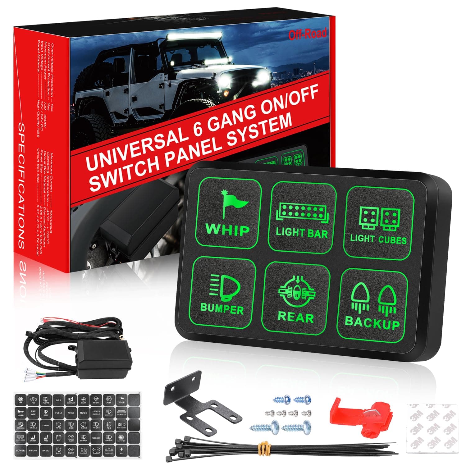 6 Gang Switch Panel, OFFROADTOWN Electronic Relay System with Circuit Control Box Waterproof Fuse Relay Box Wiring Harness Label Stickers for Car Truck