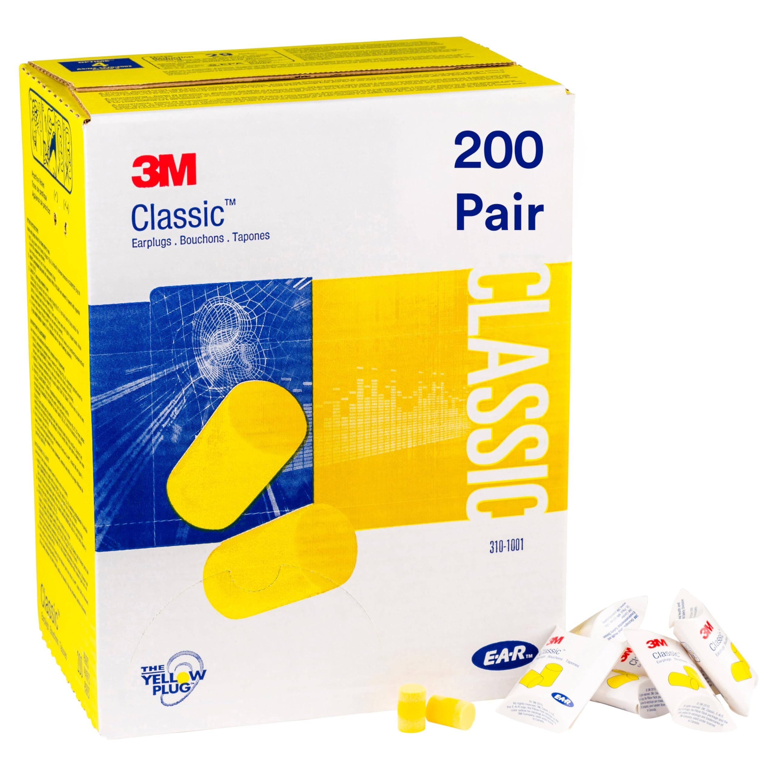 3M Ear Plugs, 200 Pairs/Box, E-A-R Classic 310-1001, Uncorded, Disposable, Foam, NRR 29, For Drilling, Grinding, Machining, Sawing, Sanding, Welding, 1 Pair/Pillow Pack