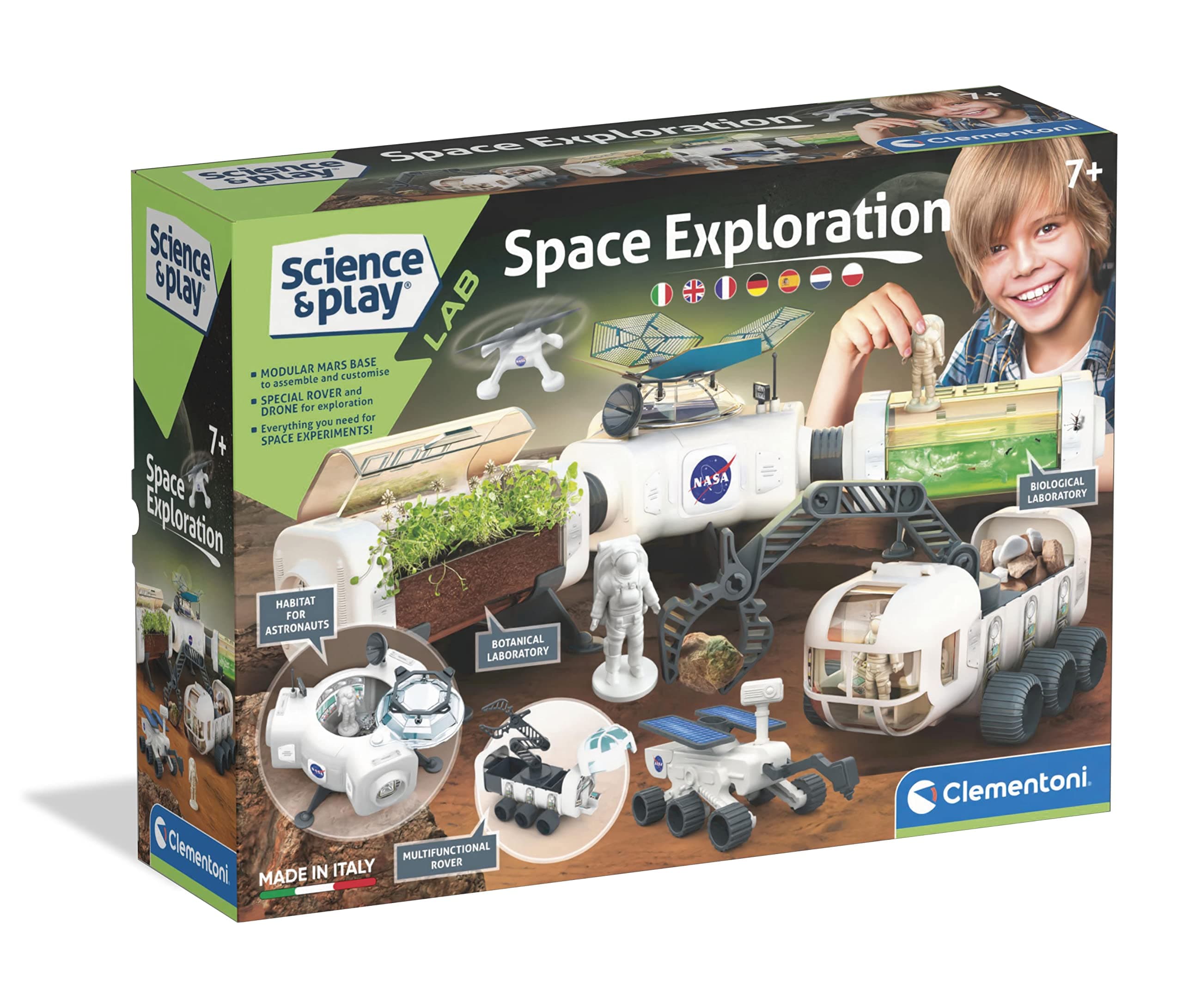 Clementoni - Science & Play - NASA Space Exploration - Science Game 7 Years (Italian, English, French, German, Spanish, Dutch, Polish), Made in Italy, Multicolor, 19312
