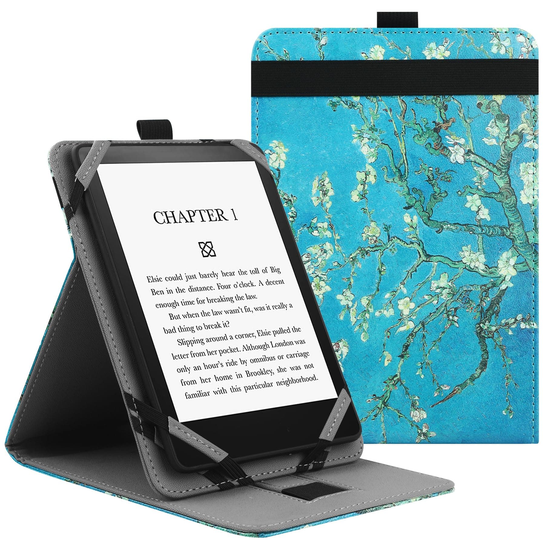 Universal Case for 6",6.8" kindle Paperwhite eReaders,Folio Stand Cover with Handstrap Compatible with Kindle/Kobo/Tolino/Pocketook/Sony 6-6.8inch ebook reader-Apricot Flower