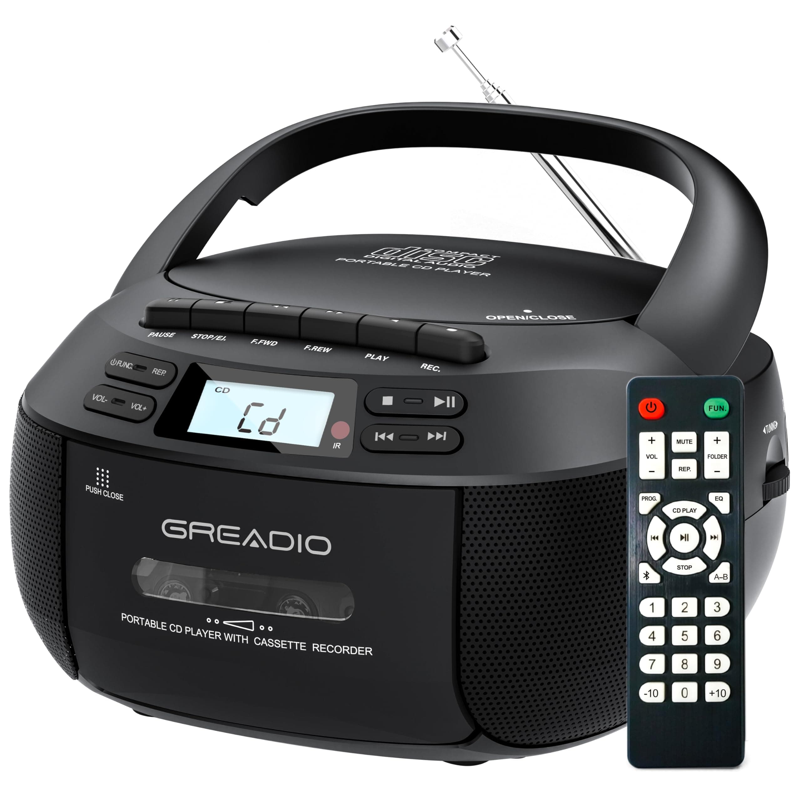 Greadio Boombox CD Player Cassette Player Combo with,LCD Display,AM/FM Radio,Bluetooth,Stereo Sound with Remote Control,Tape Recording,AUX/USB Drive,AC/DC Powered,Headphone Jackfor Home,Kids,Gift