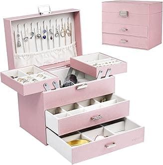 Dajasan Jewelry Boxes for Women Girls, Jewelry Storage Organizer, 4 Layers Large Jewelry Organizer Box with 2 Drawers for Friends, Wife or Mother Gift (Pink)