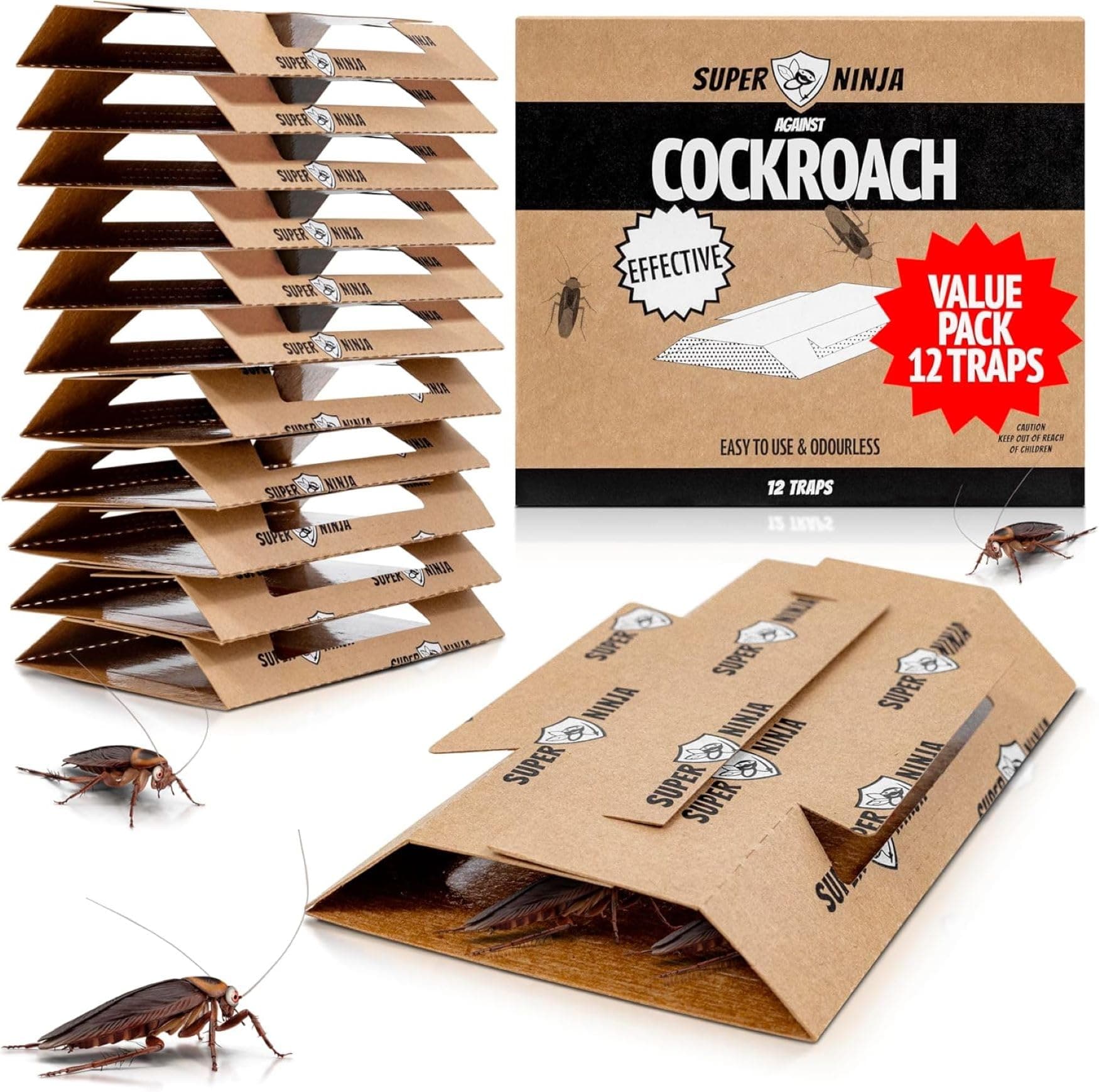 Super Ninja Cockroach Traps for Indoors – 12 Pack, Cockroach Control for Indoor Infestation, Safe & Toxin-Free Trap with Food Attractant, Nature-Friendly Pest Solution for Home, Garage & Shed
