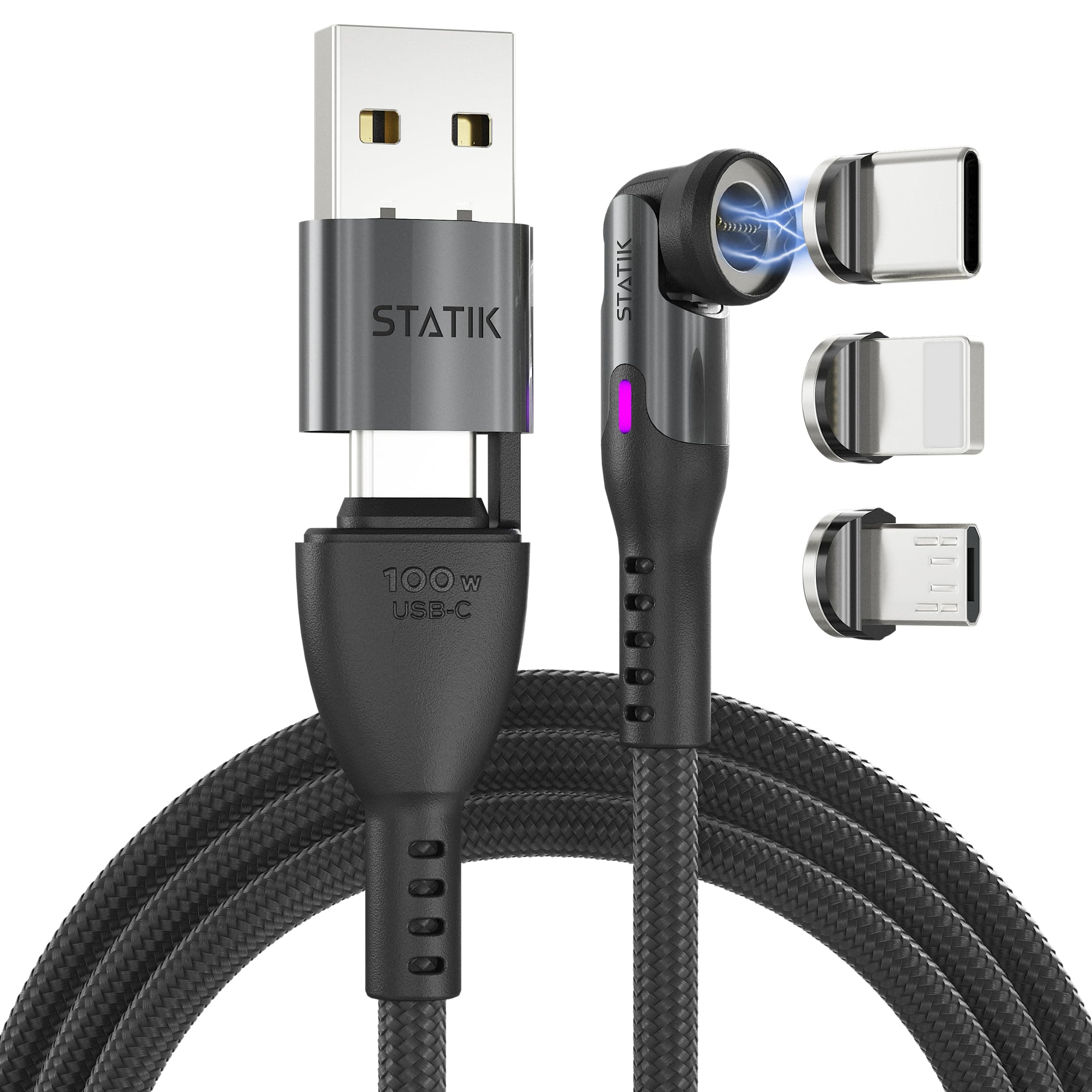 360 Pro Magnetic Charging Cable - Type C Charger Fast Charging 3 in 1 USB C to USB C Cable, Micro USB & iProduct Tips, USB A Adapter, Fits All Devices - 100W Fast Charger, Black 10FT/3M