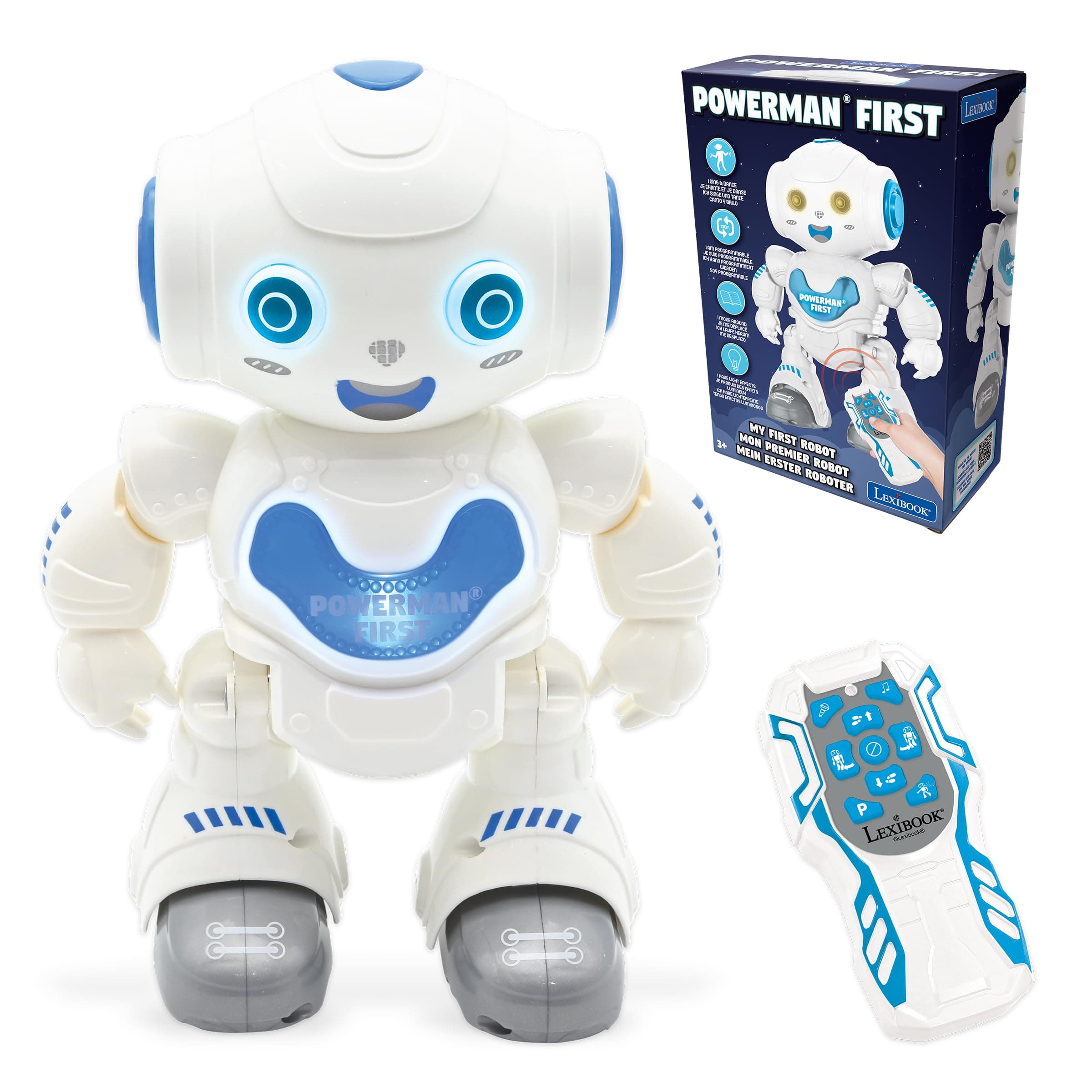 LEXIBOOK Powerman First, My first smart Interactive Toy Learning Robot Toy for Kids Dancing plays music Boy Girl, white/blue, ROB16