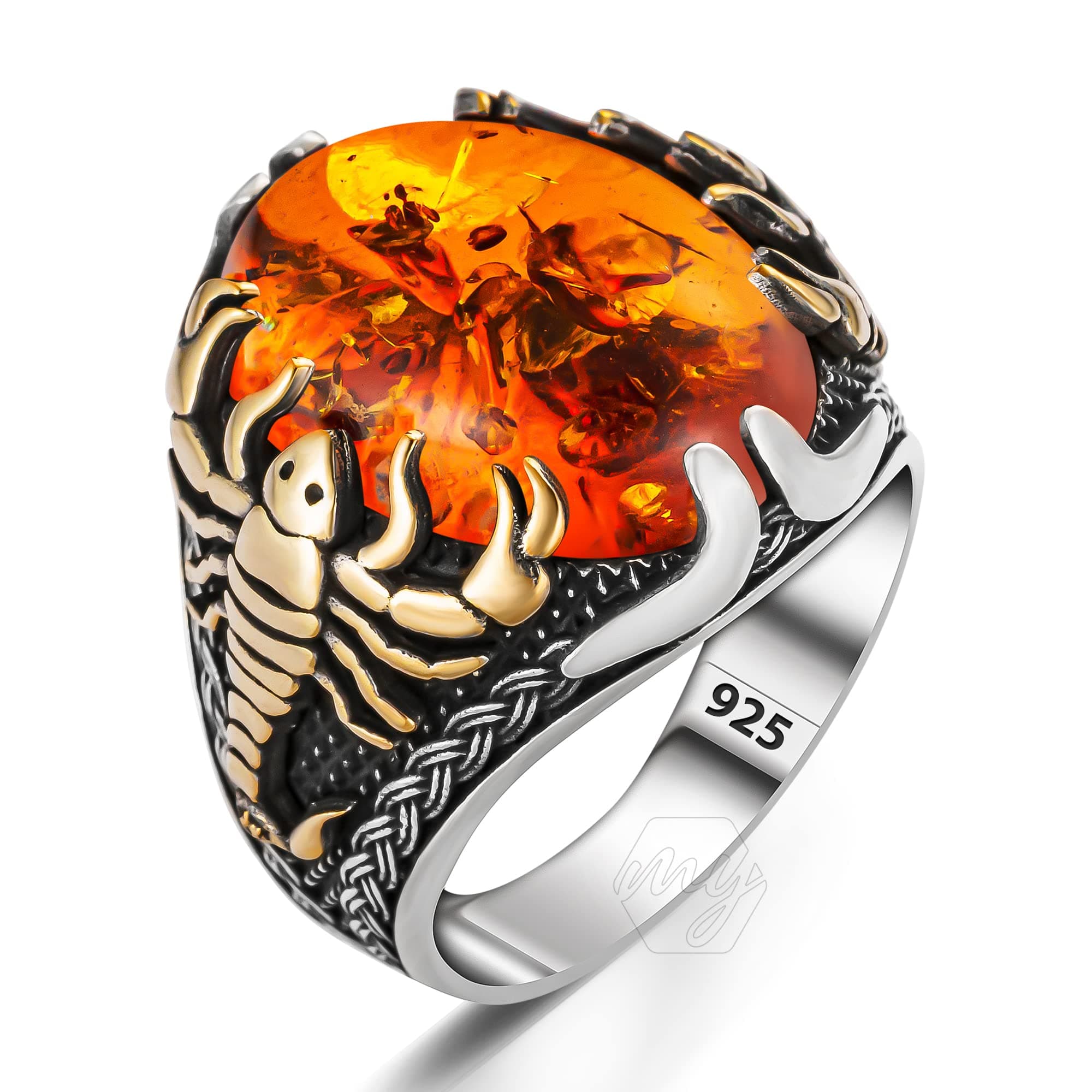 Solid 925 Sterling Silver Amber Stone Scorpion Figure Men's Ring