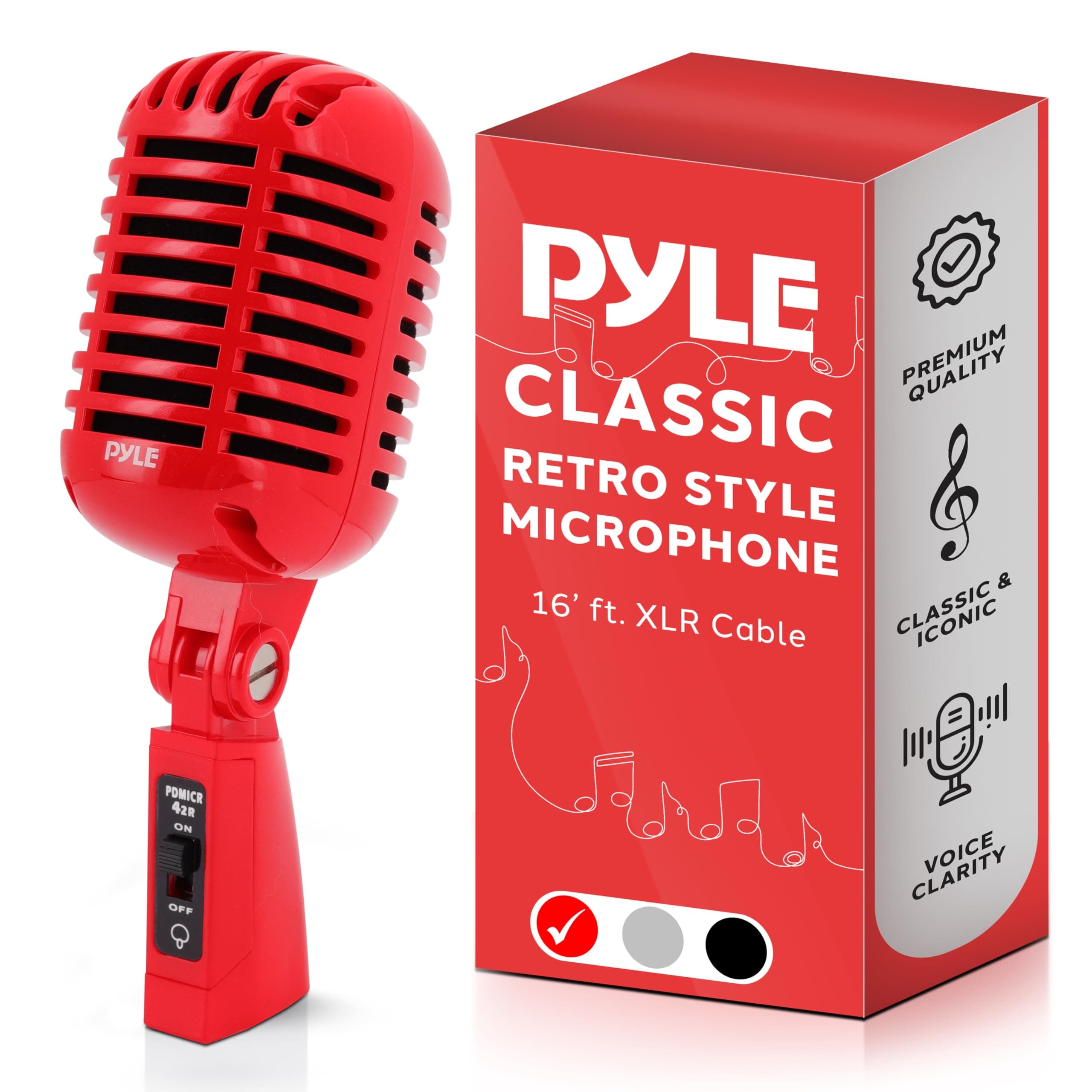 Classic Retro Dynamic Vocal Microphone - Old Vintage Style Unidirectional Cardioid Mic with XLR Cable - Universal Stand Compatible - Live Performance, In-Studio Recording - Pro PDMICR42R (Red)