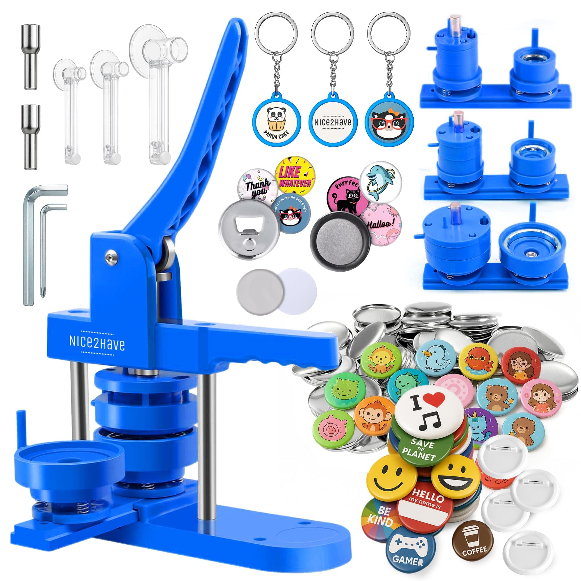 Button Maker Machine 1+1.25+2.5 Inch Pin Maker Kit - Multiple Size Molds, 500 Buttons, 15 Fridge Magnets, 15 Bottle Openers, 15 Keychains, Cutters, and 500+ Button Designs for DIY Crafts