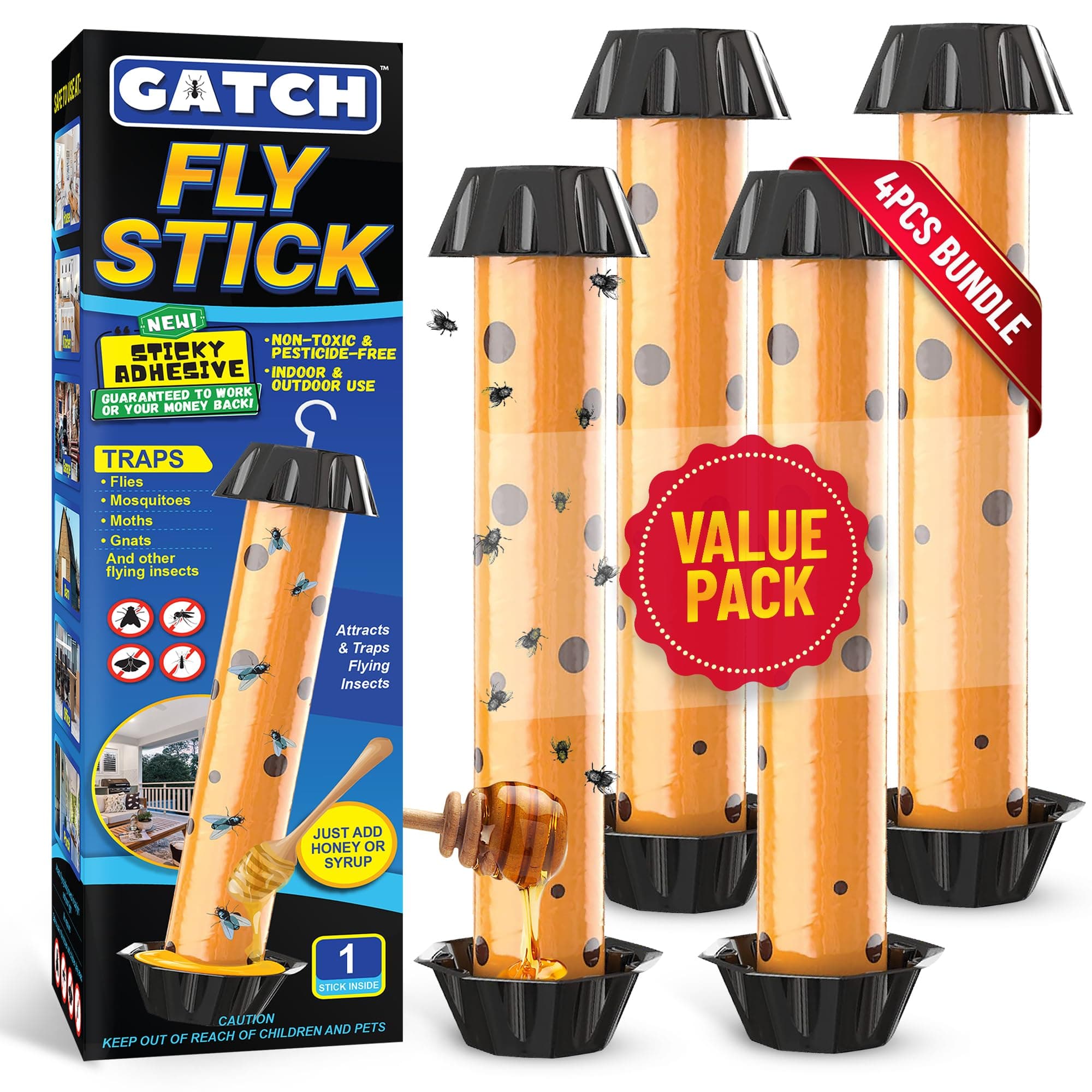 GATCH Fruit Fly Trap (4 Pack), Fly Stick for Mosquitoes, Sticky Trap for Flies Gnats Wasp Flying Insects, Bug Catcher, Indoor or Outdoor Use, Ready to Use Home (4pk)