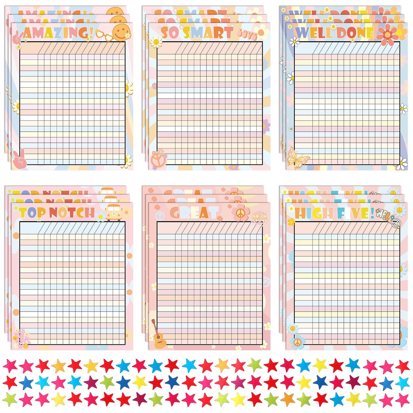 Colarr 18 Pack Retro Incentive Chart for Classroom Reward Chart for Kids Homework Chart Laminated Dry Erase Chart with 1760 Star Stickers Behavior Chart for Learning Classroom School Attendance