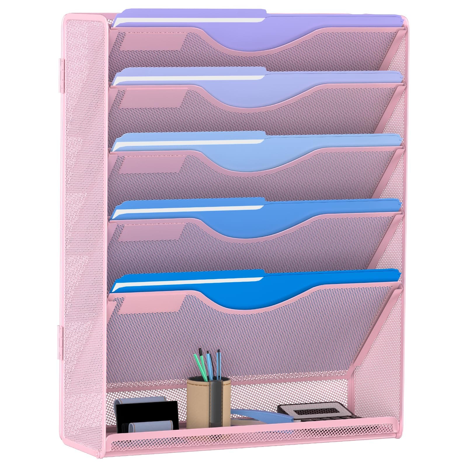 Hanging File Organizer, Mesh Wall File Holder Paper Folder Rack with Bottom Flat Tray for Office Home (Pink, 6 Tier)