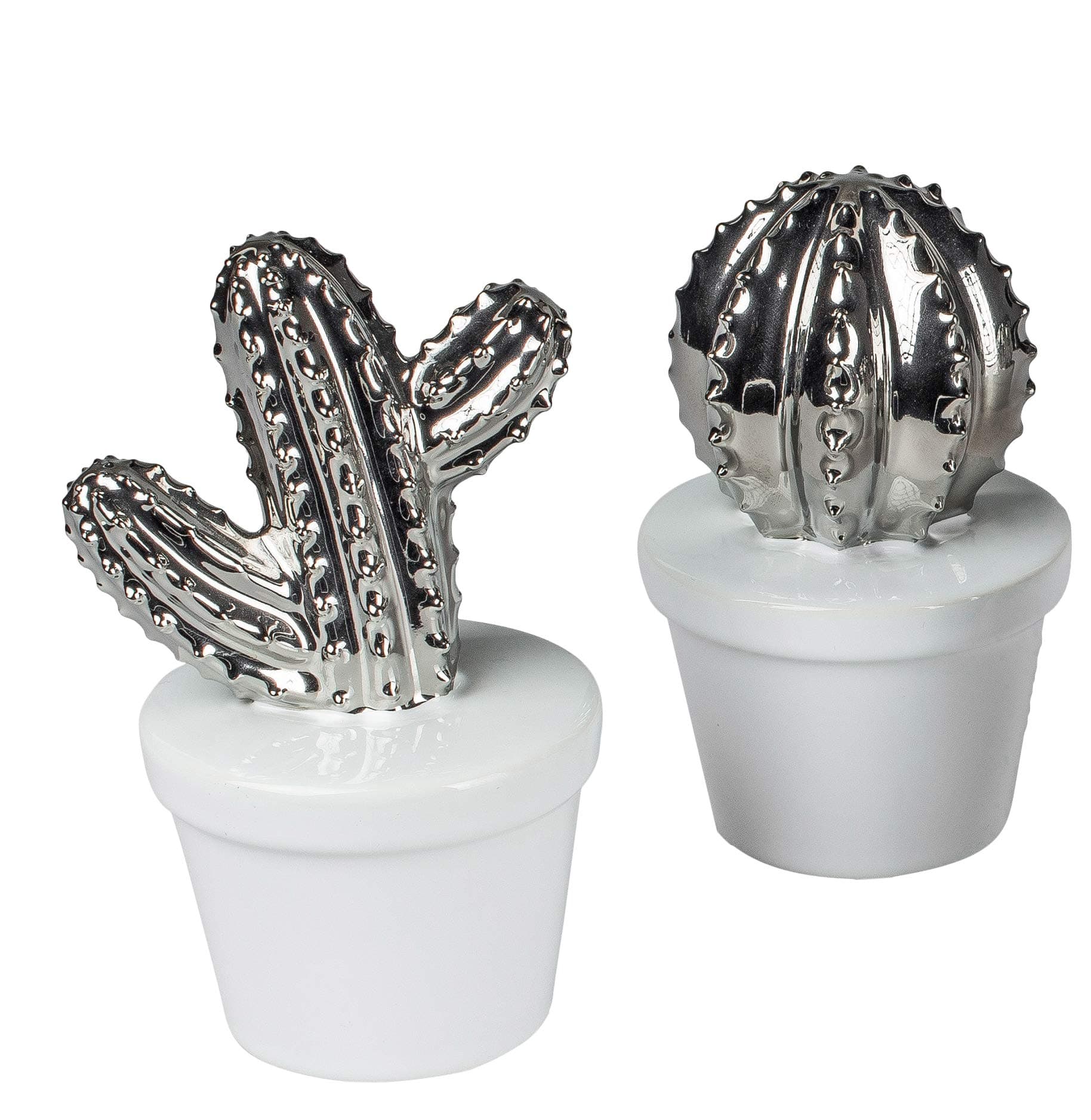 Modern sculpture decorative Cactus Set of 2 Ceramic White/Silver Height 14 cm