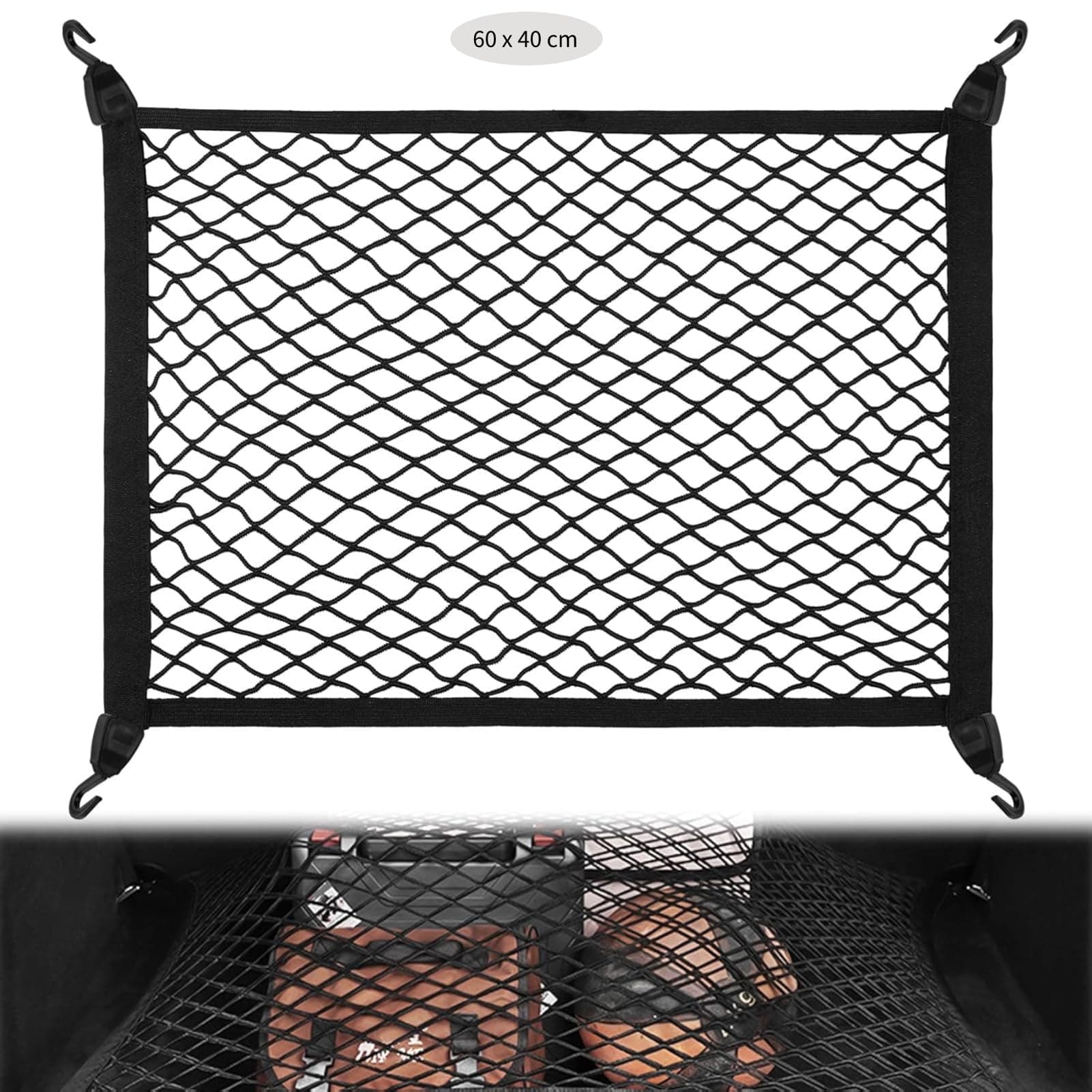 Zocipro Cargo Net, Adjustable Elastic Car Boot Mesh 60x40cm, Single-layer Luggage Fixed Organizer With 4 Hooks, Universal Nylon for Vehicle Van SUV (Black)