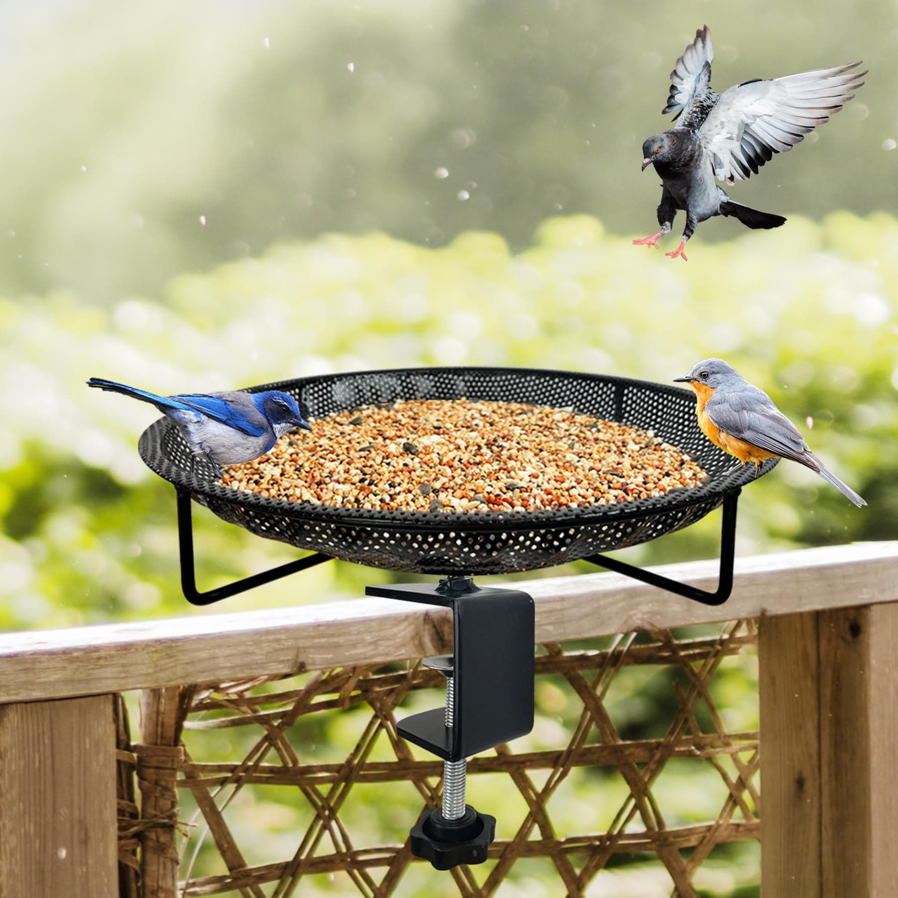 Deck bird feeder tray