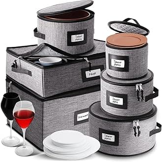 China Storage Containers, 4-Pc. Set – Hard Shell, Stackable Holders for Plate, Cup, Flatware, Stemware, & Platter Sets – Padded Dinnerware & Dish Cases with Dividers, Handles, & Zippers by StorageBud