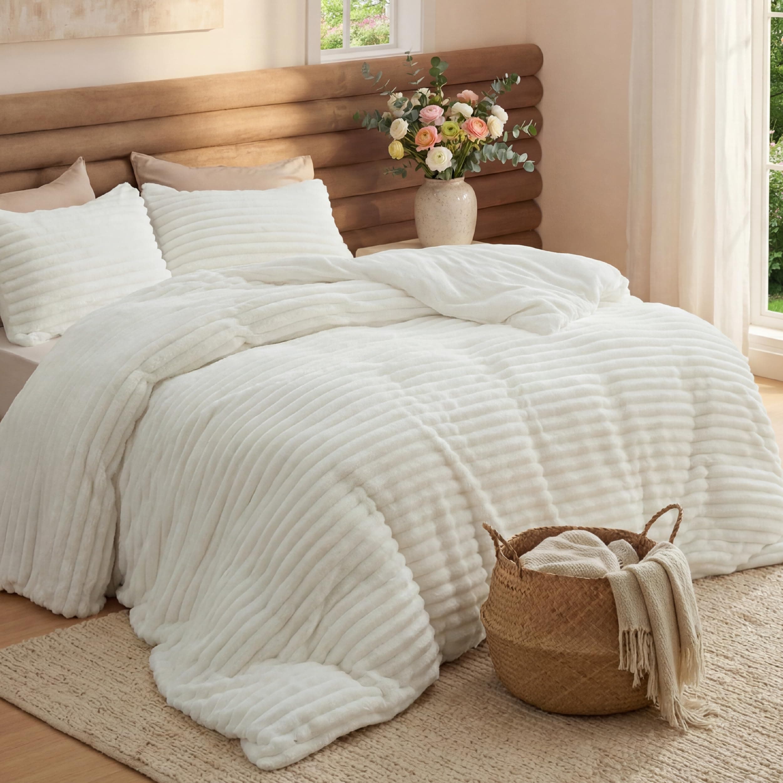 Bedsure Full Size Comforter Sets - GentleSoft™ 3 Pieces Double-Side Fleece Fluffy White Comforter Set, Cozy Striped Room Decor Aesthetic, Luxury Full Size Bedding, 2 Pillowcases, 82x86 Inches