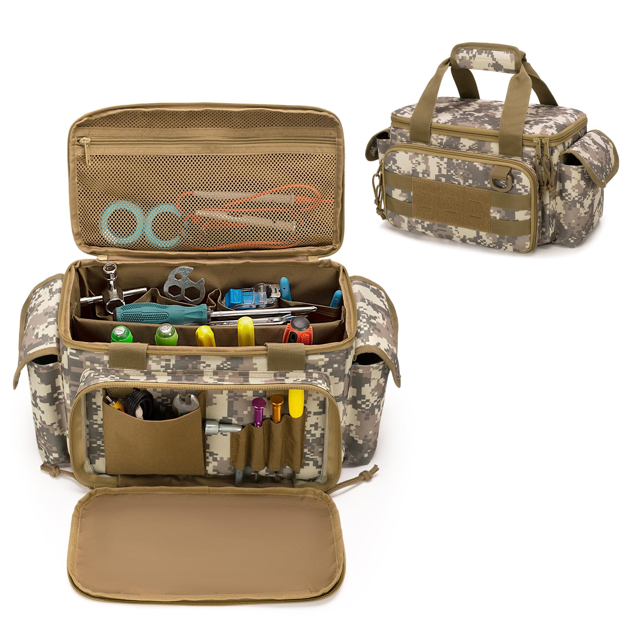 Small Tool Bag for Men, Tool Storage Organiser with Anti-friction and Thick Padded Bottom, Tactical Bag, Multi-functional Work Bag for Repairman, Electrician, Carpenters, Camo