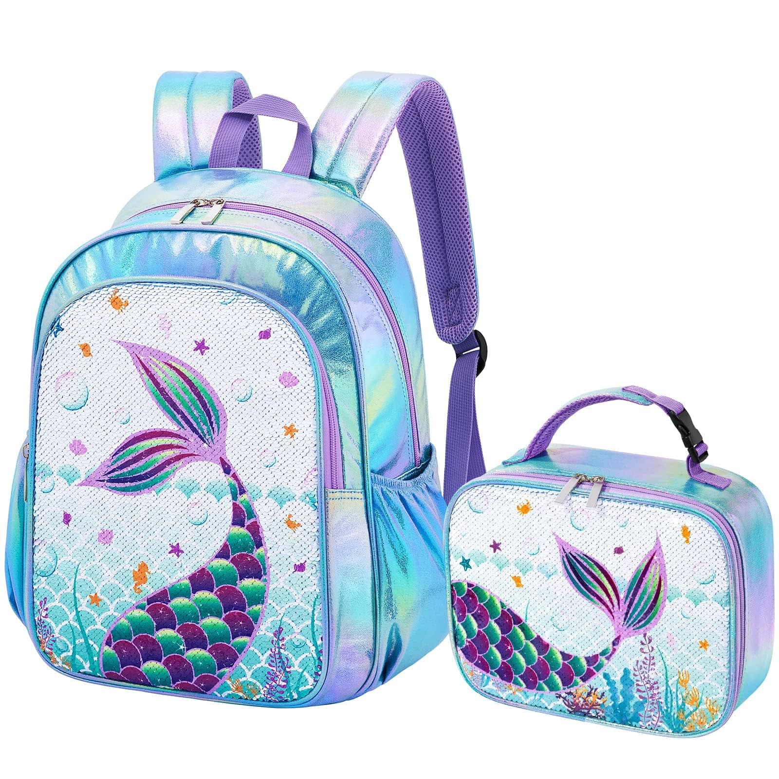WAWSAM Glitter Mermaid Backpack Set - Sparkly School Backpack with Lunch Box for Girls Preschool Kindergarten Elementary 15” Blue Travel Book Bag Schoolbag Insulated Lunch Bag