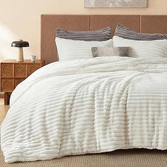 Comforter Full Size - GentleSoft™ 3 Pieces Fluffy Double-Side Fleece Comforter Set, Cozy Striped Room Decor Aesthetic, Luxury White Full Size Bedding with 2 Pillowcases, 82x86 Inches
