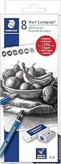 STAEDTLER Mars Lumograph Graphite Artist Sketch Set 6 degrees (6B 4B 2B B HB, 2H), Mini Mars Plastic Eraser, Metal Sharpener 61 100C8LU